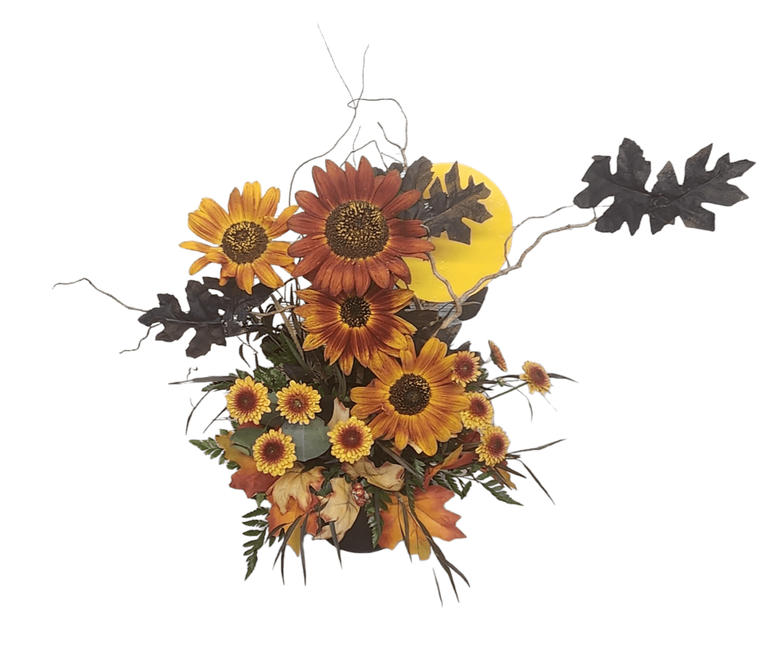  Little Batty - Get a little Batty this spooky season! Looking for something a little different? Shall we say? ... A Little Batty? This is the design for you! Our black pail is filled with fall pomps and sunflowers. We toss in some twigs and a sun. The bats just appear! 