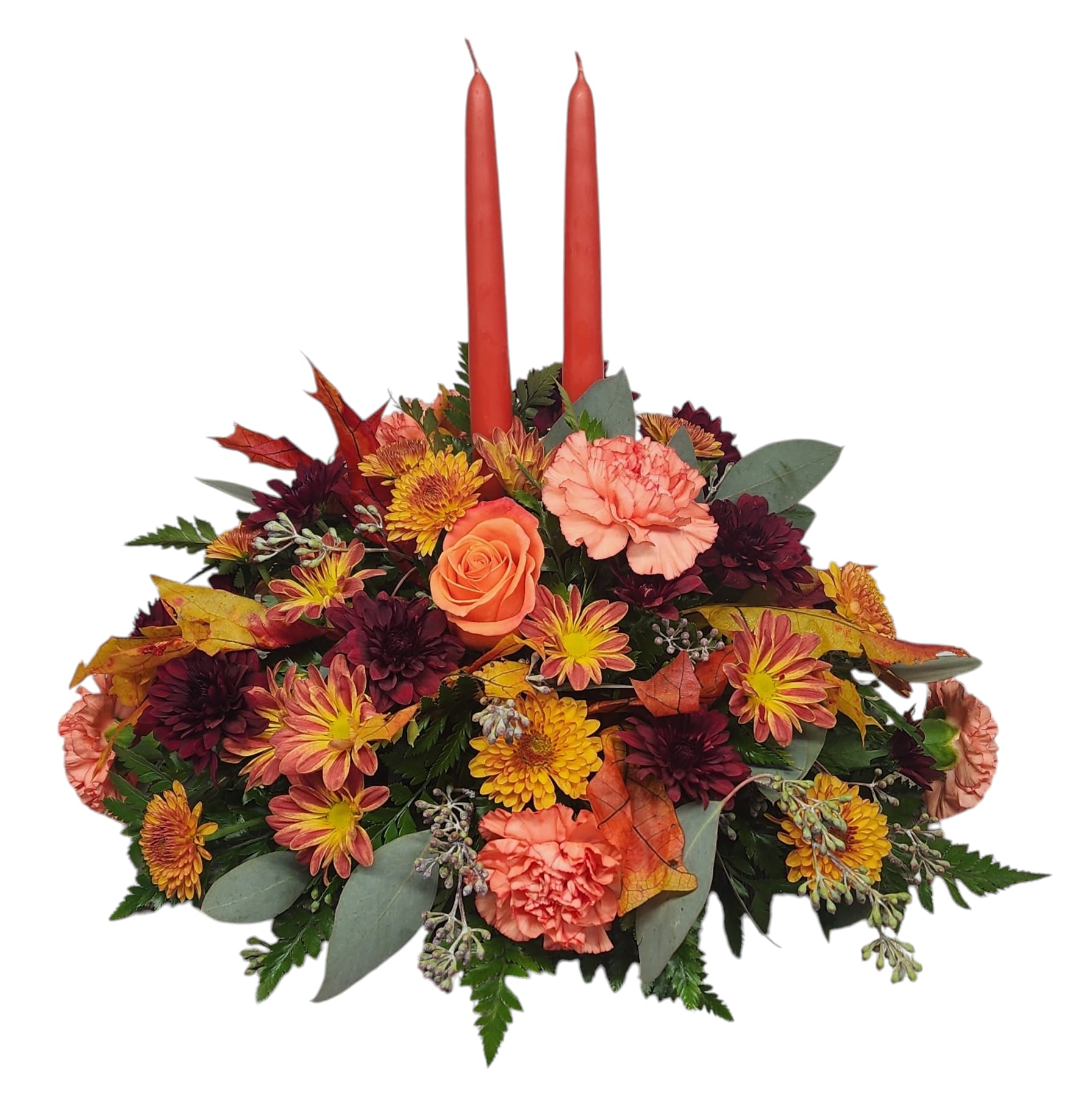 Fall Traditions - Traditional Fall Table center piece. Don't show up empty handed. Friendsgiving, Thanksgiving, or a fall get-together, this table topper will ring smiles to everyone. Roses, carnations, poms and more makes his a show stopper.