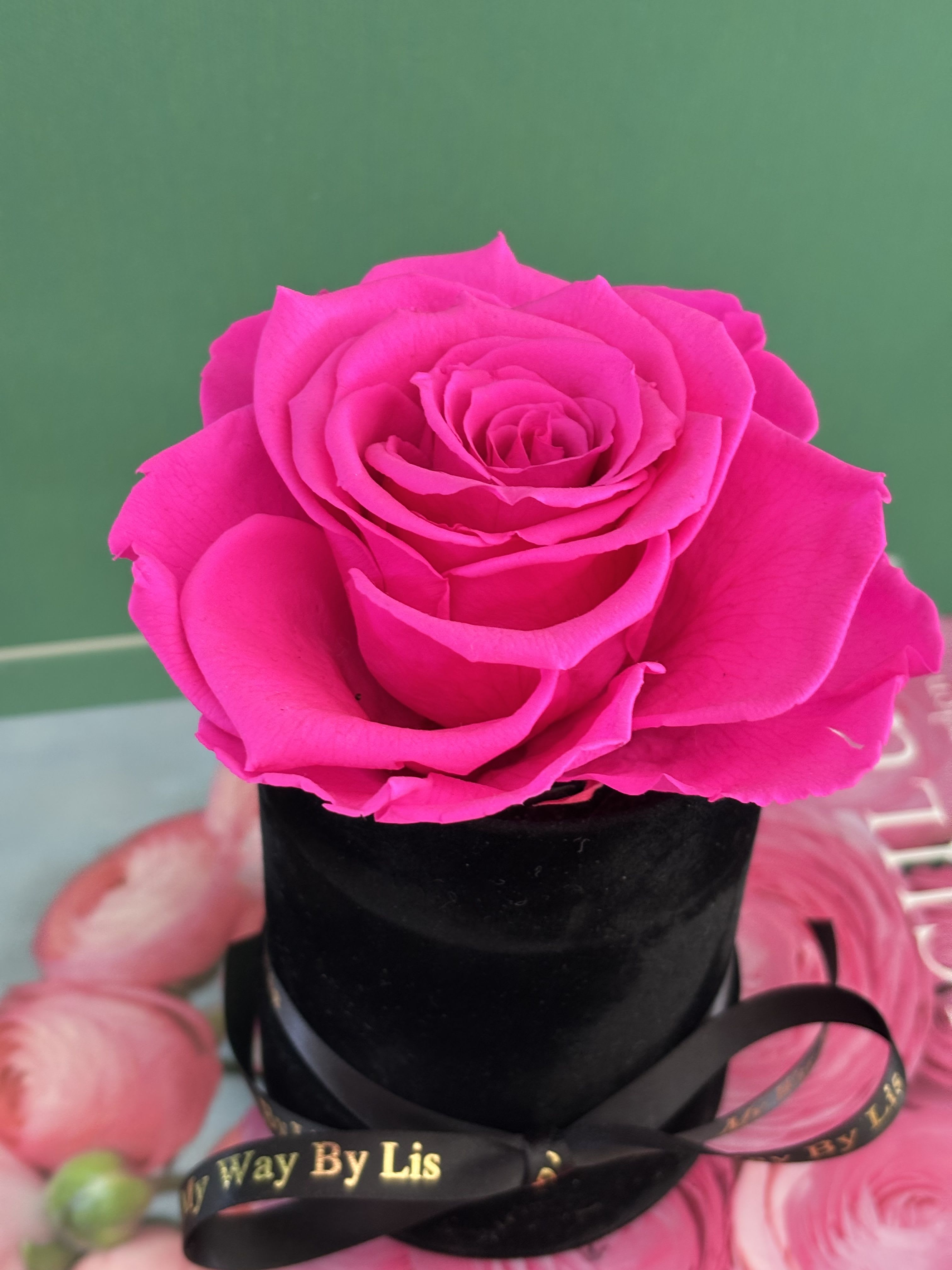 Mia. (PRESERVED ROSE) - Everlasting preserved rose, touch of nature’s elegance, beauty low maintenance.   Preserved roses are real roses that have been specially treated to maintain their fresh look and softness for years — without needing water or sunlight.   Here’s how it works: 	•	The roses are picked at their most beautiful stage. 	•	The natural sap and moisture are replaced with a preserving solution, usually made of glycerin and natural oils. 	•	This process keeps the petals soft and vibrant, almost as if the rose were freshly cut.