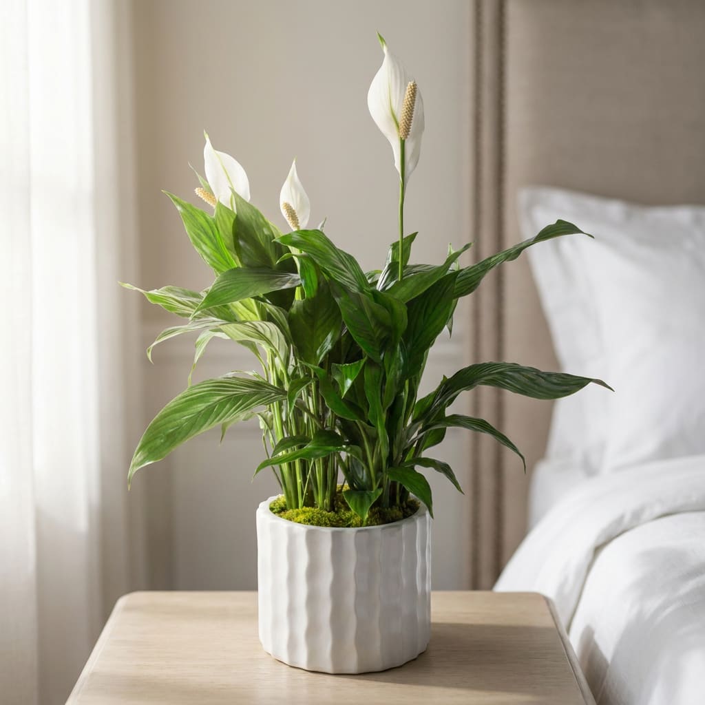White peace lilies in a white ceramic pot on a bedside table