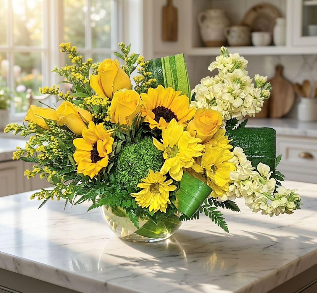 Yellow roses and sunflowers in a glass vase with white flowers