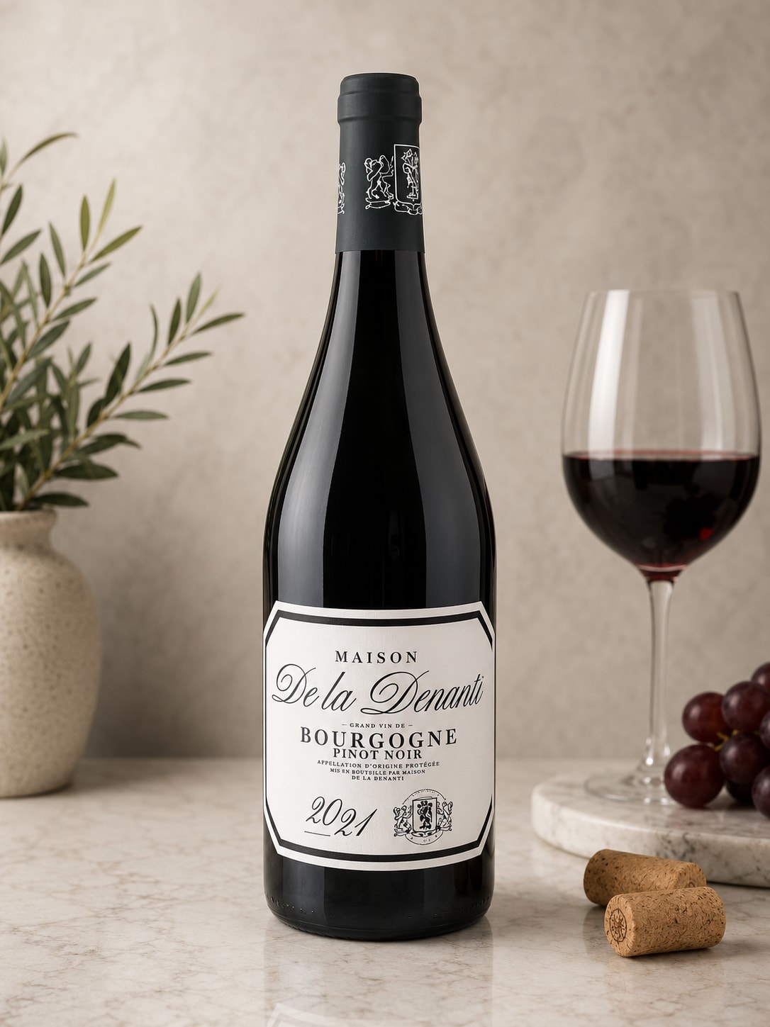 Bottle of red wine beside a glass of wine and grapes