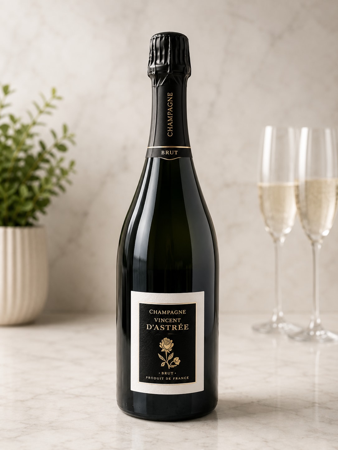 Bottle of brut champagne beside two filled flutes