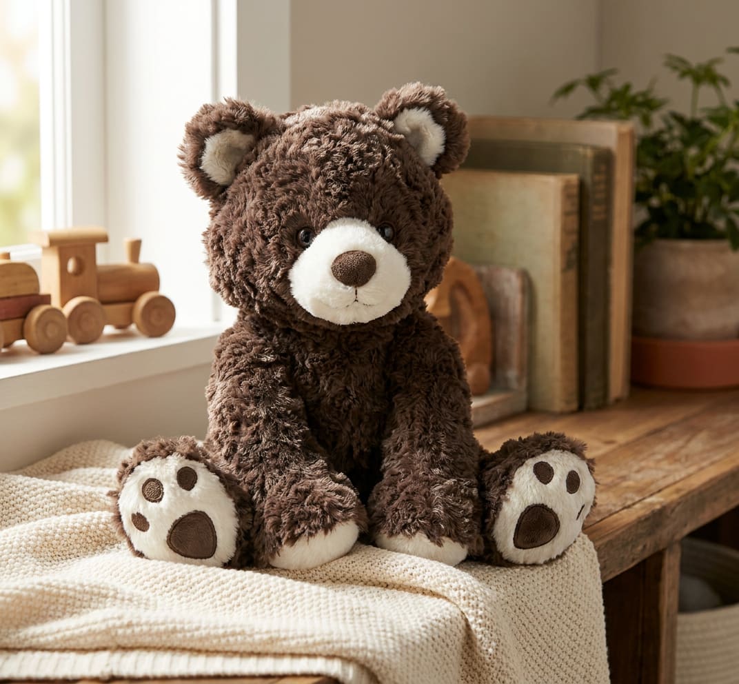 Brown teddy bear plush sitting on a cream knit blanket