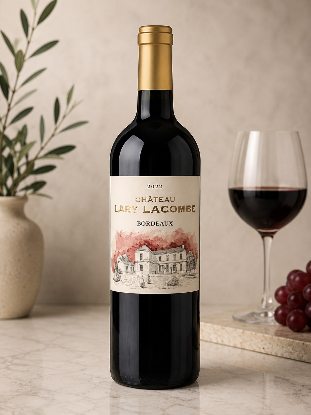 Bottle of red wine beside a glass of wine and grapes