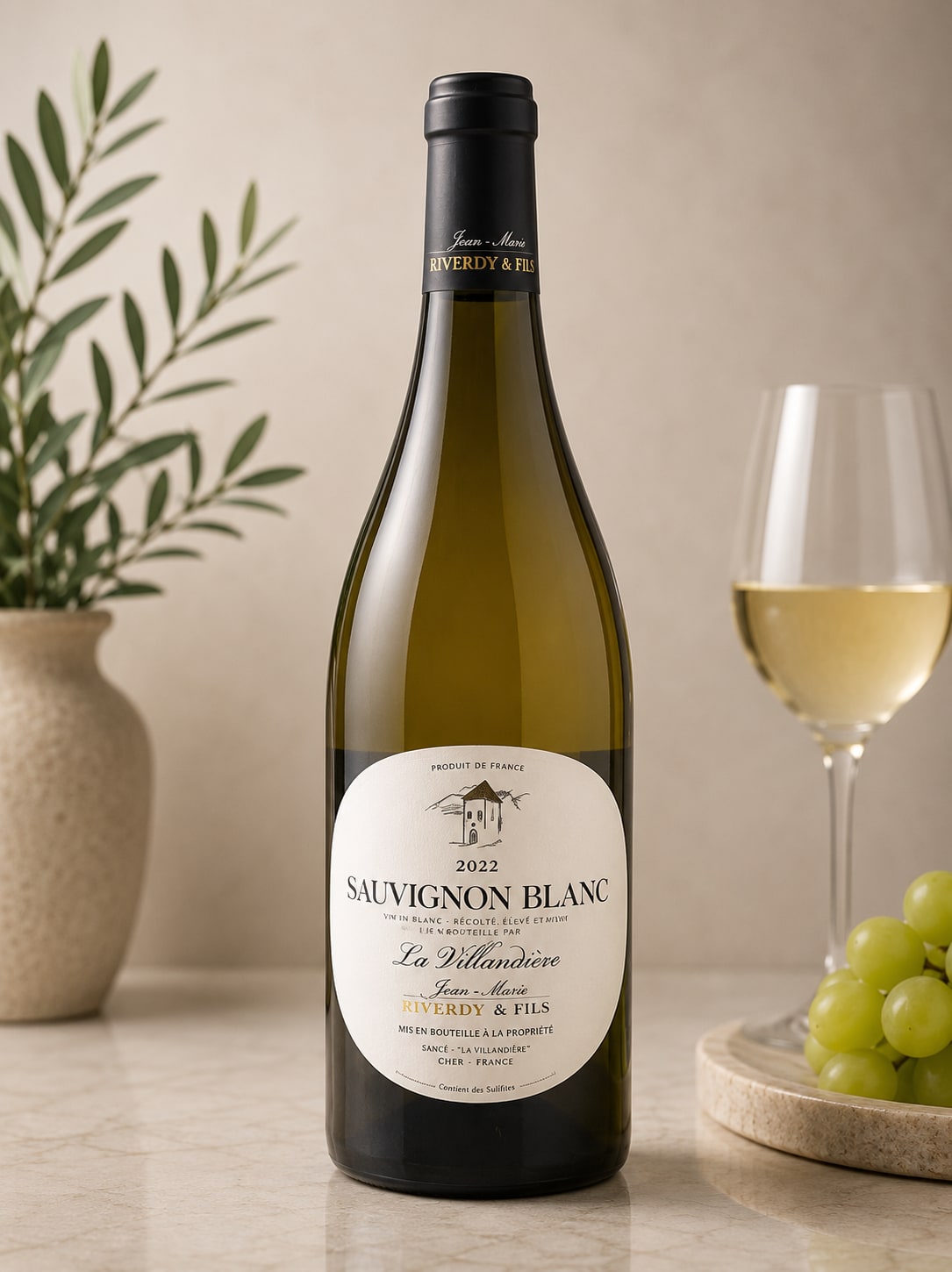 Bottle of white wine beside a glass and grapes