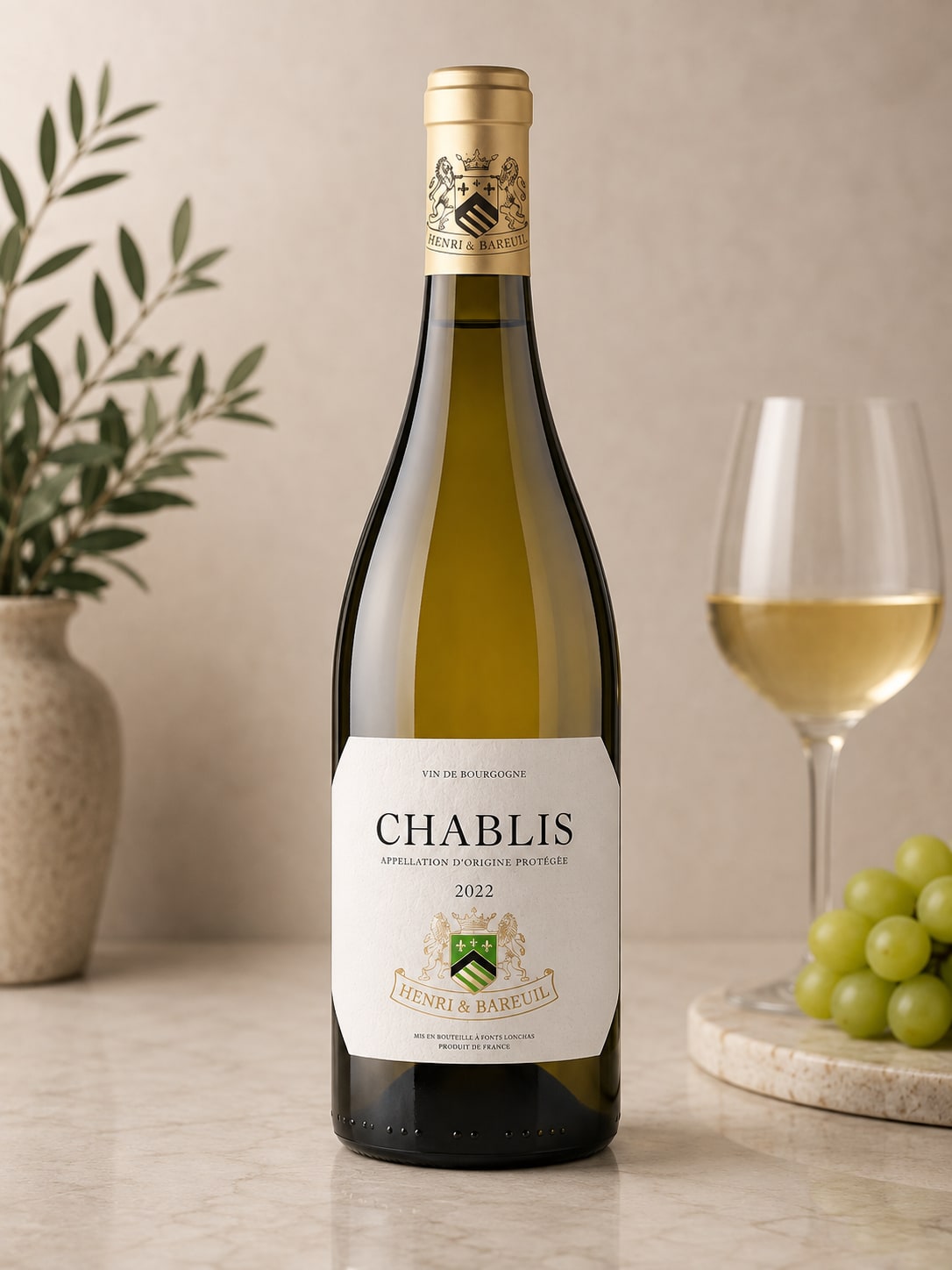 Bottle of Chablis wine beside a glass of white wine and grapes