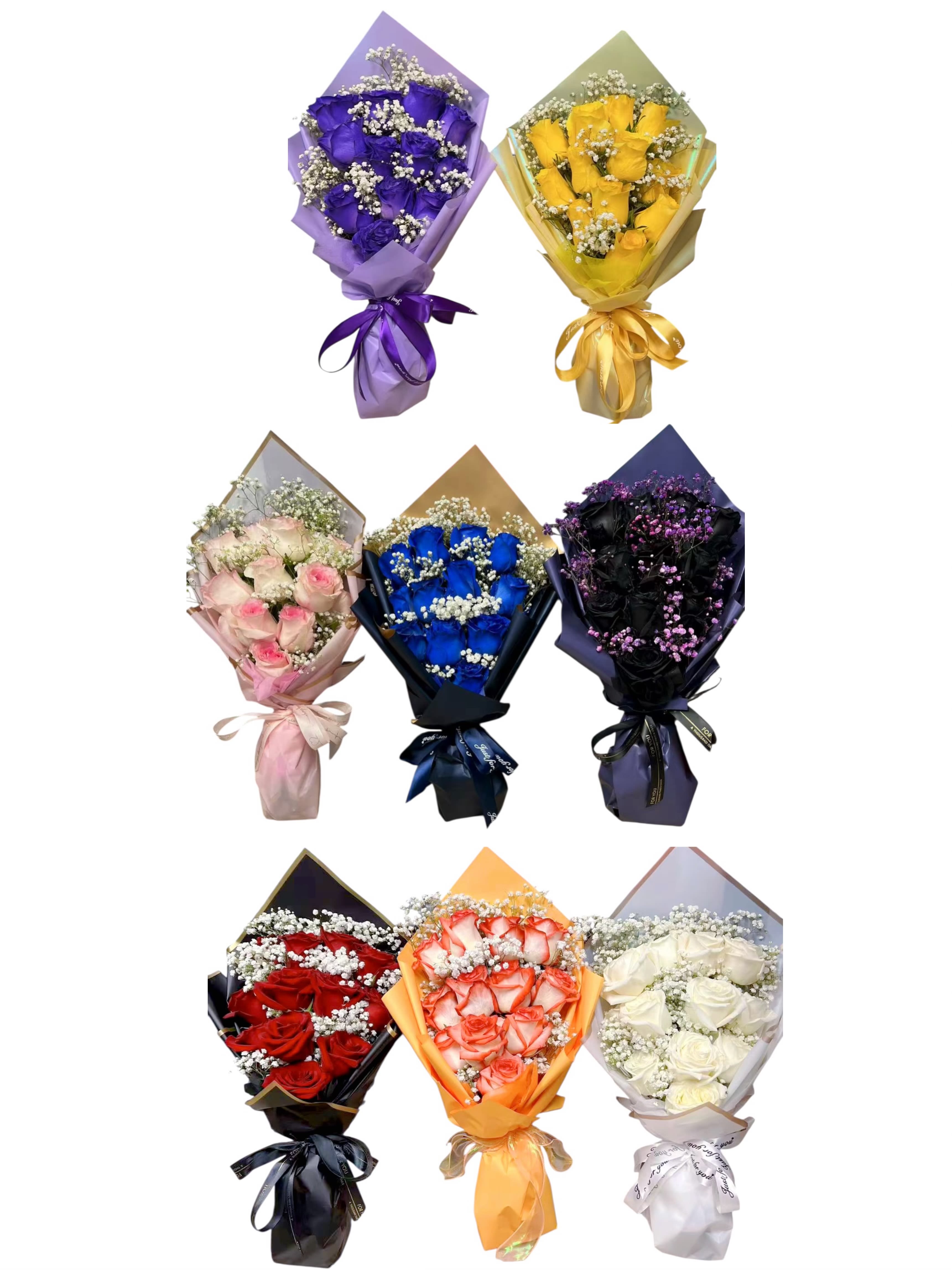 Assorted bouquets of roses in colorful wrapping with baby's breath