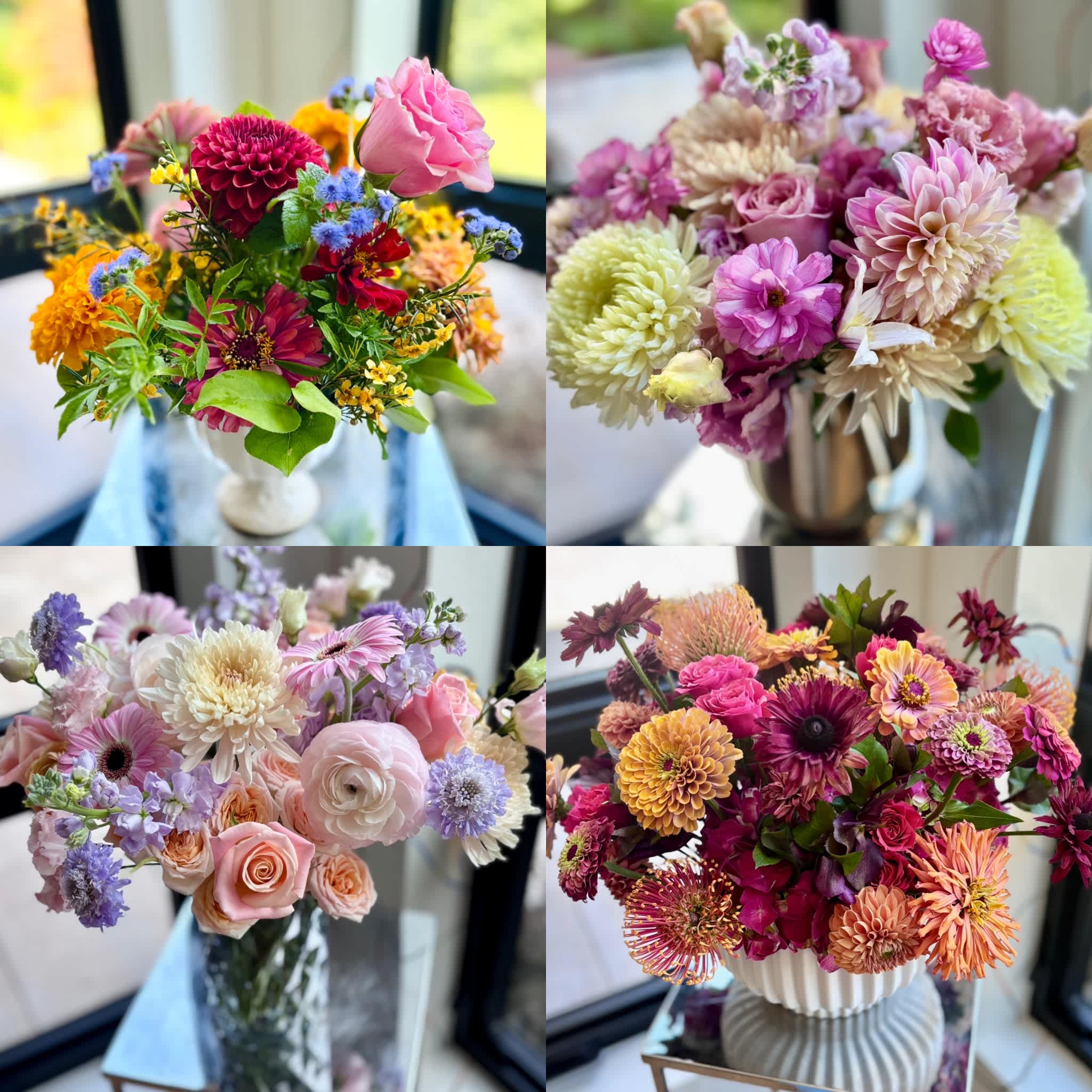 Four colorful mixed flower arrangements in vases and containers