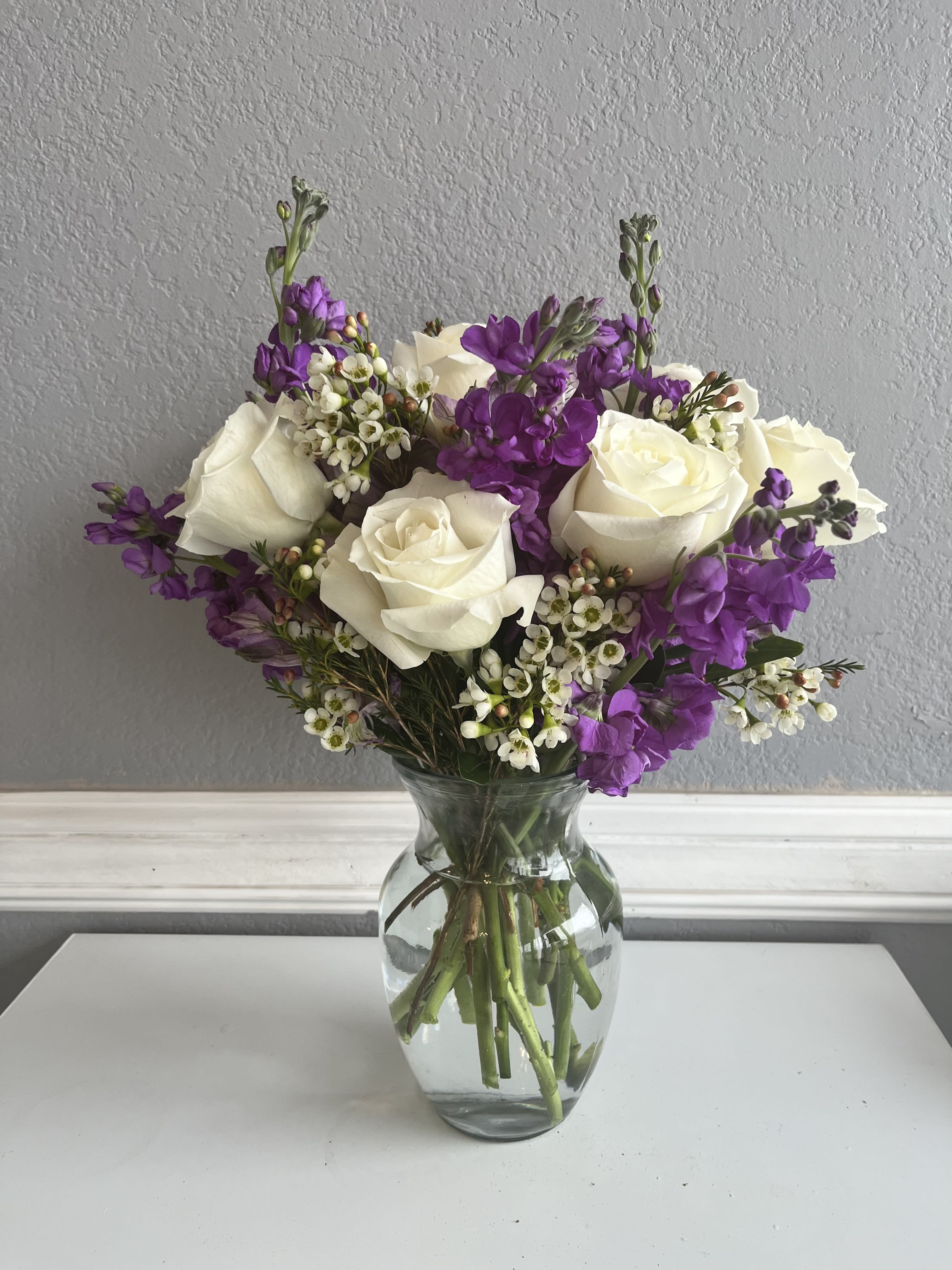 Fair oaks - purple and white arrangement.