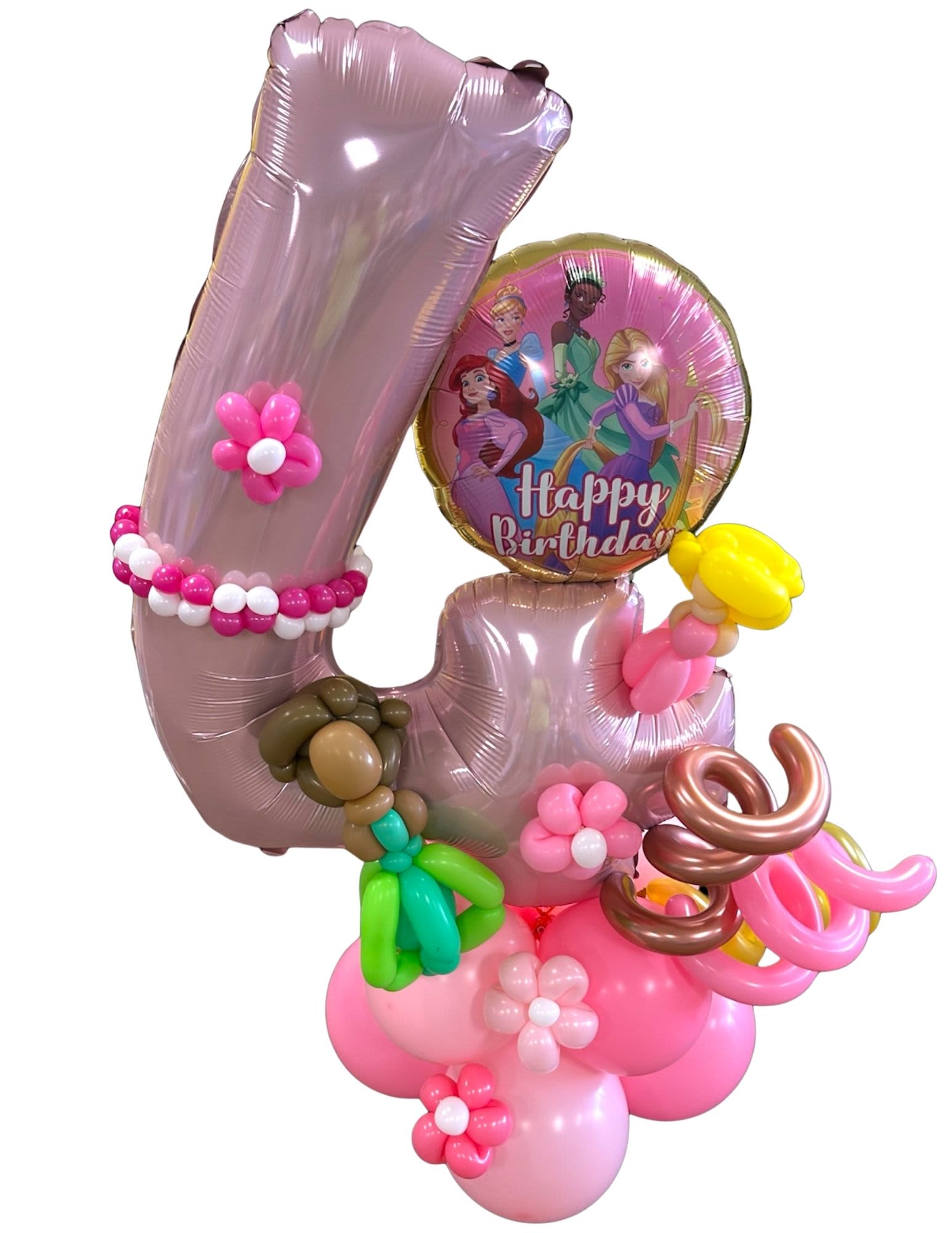 Princess-themed birthday balloon arrangement with a large number 4
