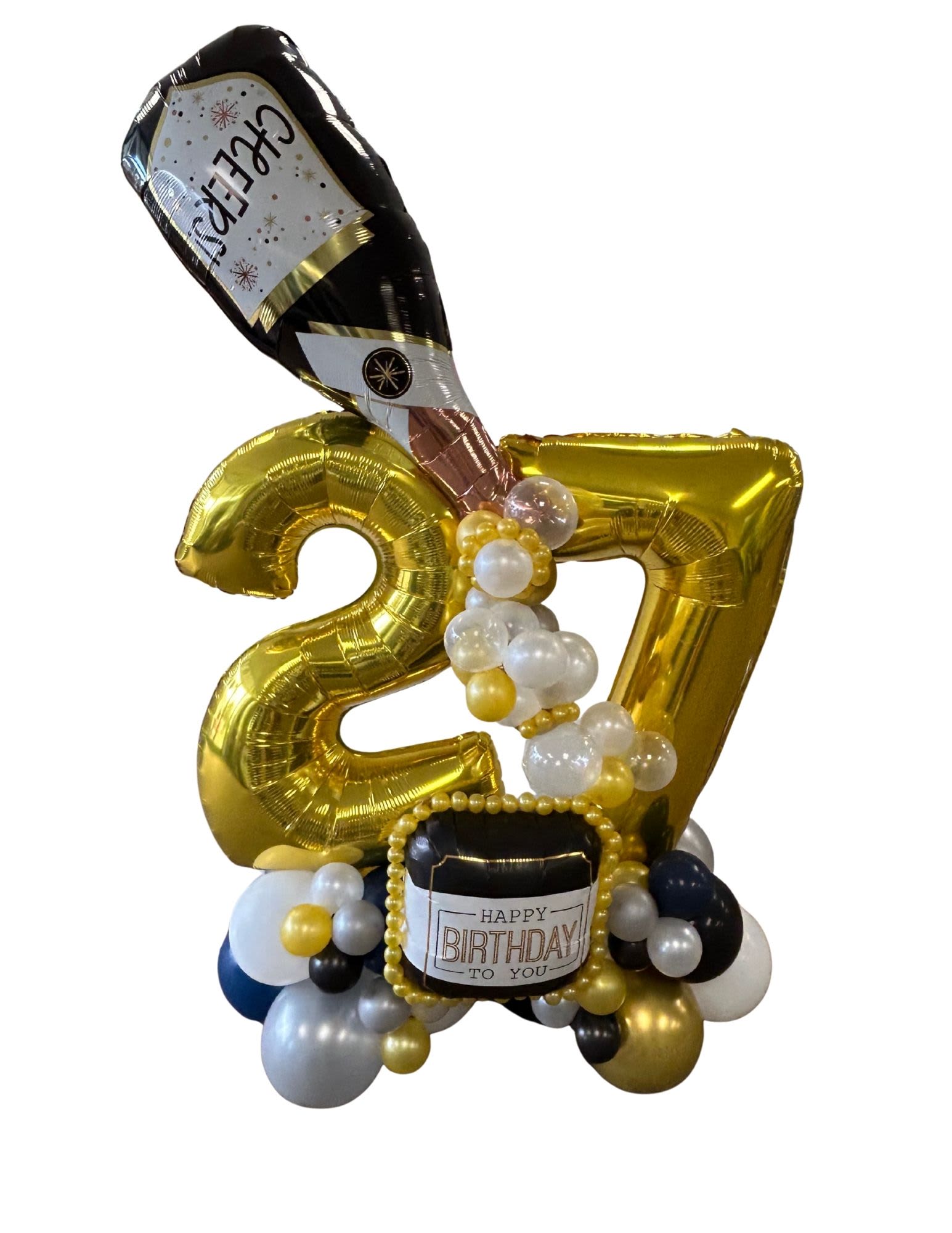 Gold 27 balloon arrangement with birthday-themed balloons