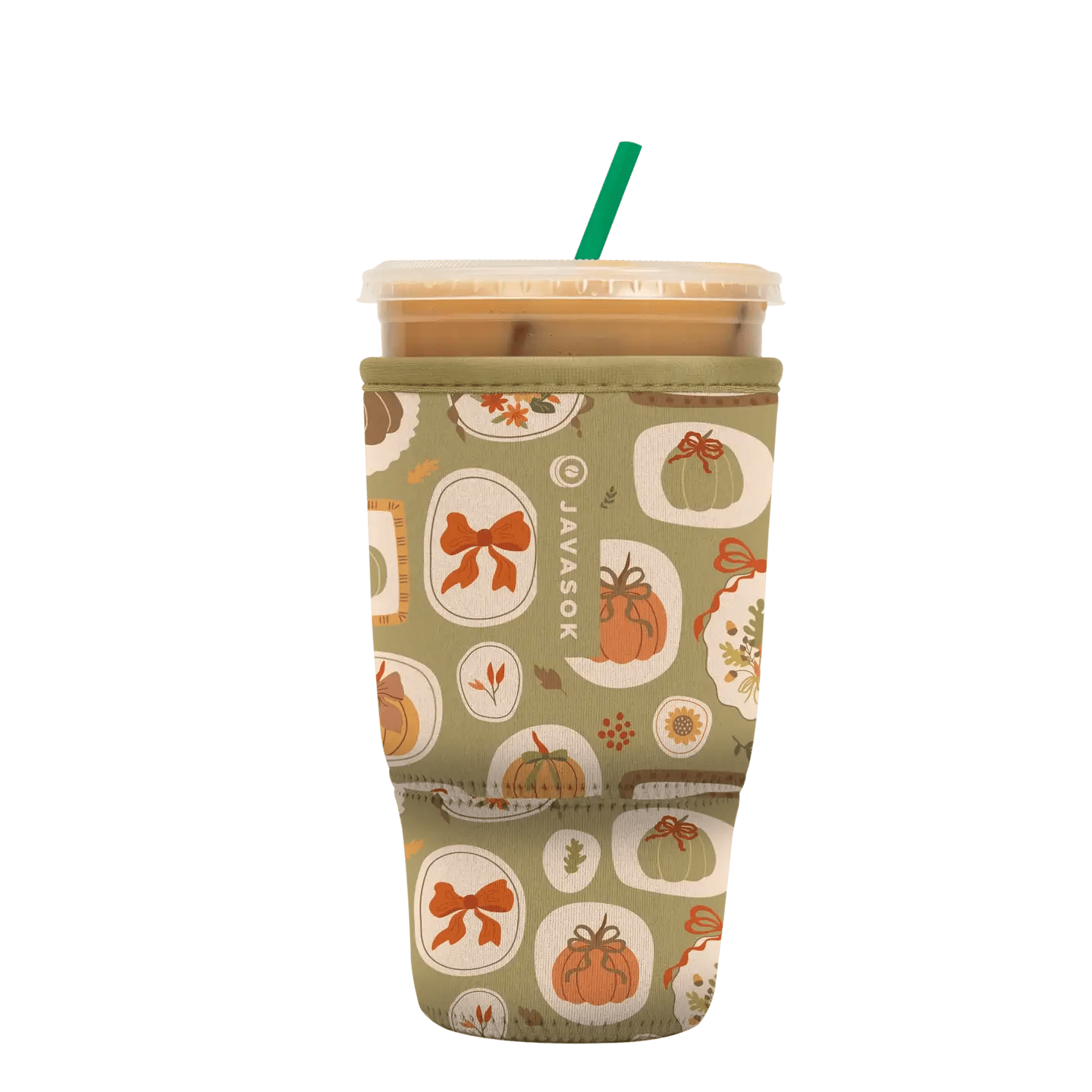 Iced drink in a pumpkin-patterned sleeve with a green straw