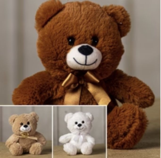 Plush teddy bear with a ribbon bow, shown in brown with tan and white variants