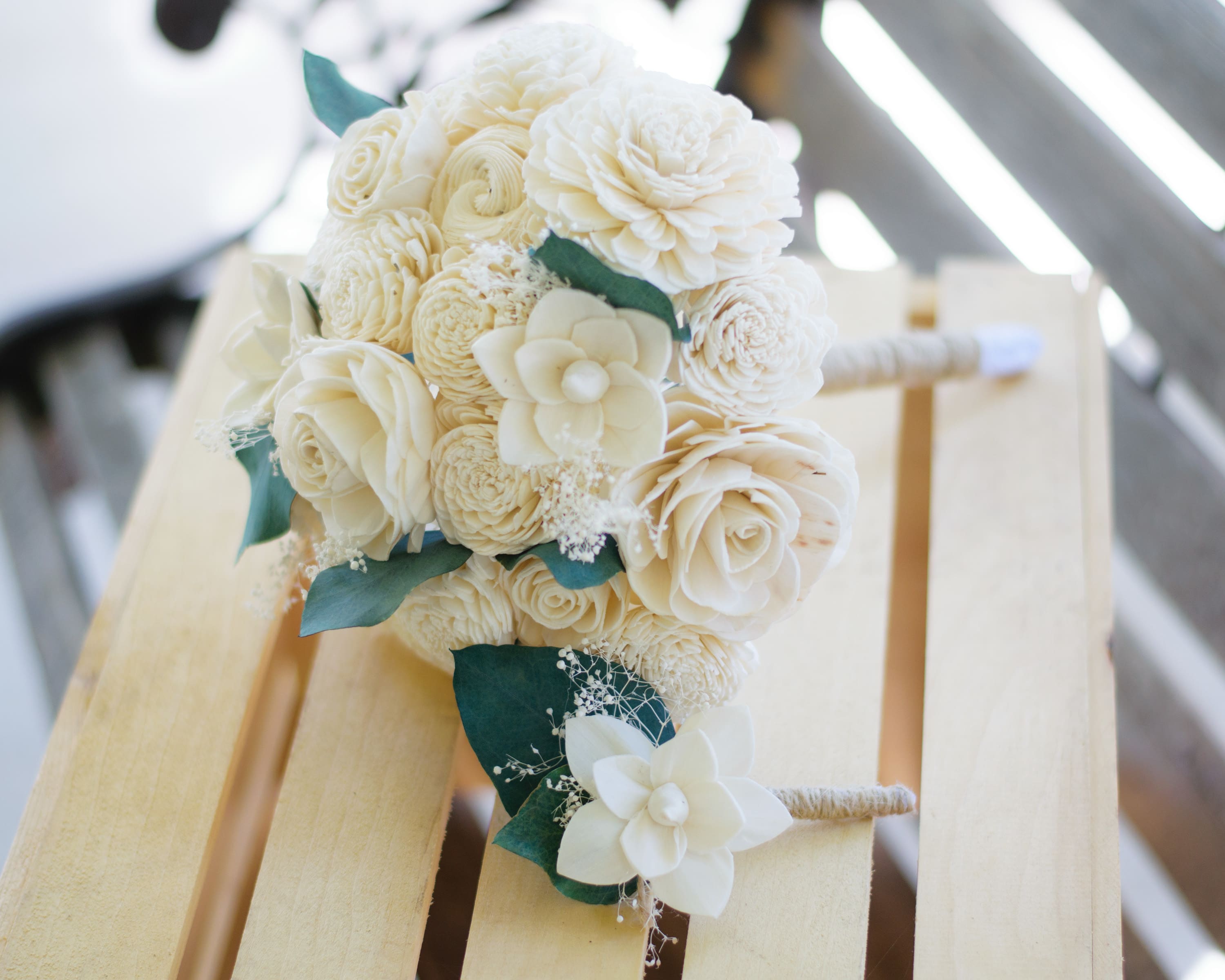 Eco Chic Bouquets - Purity Bridal Bouquet &amp; Boutonniere Set - This bouquet is made of wood flowers carved from the stems of the tapioca plant and handmade by artisans.  Your choice of three sizes, standard, deluxe and premium. Colors can be customized to your color pallete.  Include colors in order comments.  Processing takes 5-7 days. 