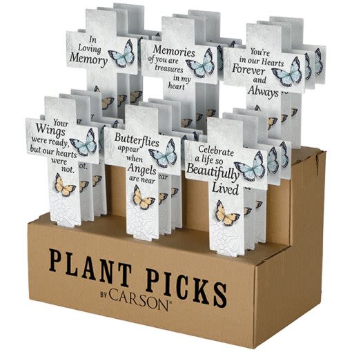 Box of memorial plant picks with butterfly designs and sympathy messages