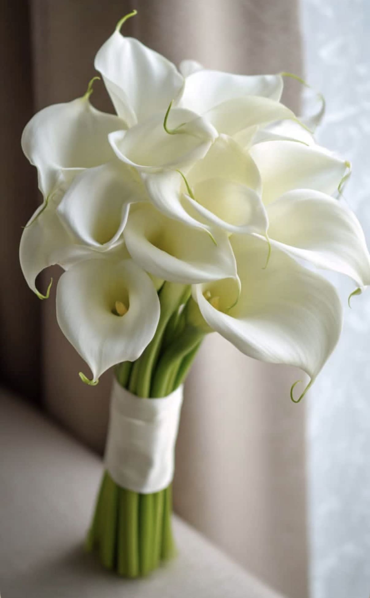 Bouquet of white calla lilies tied with a white ribbon