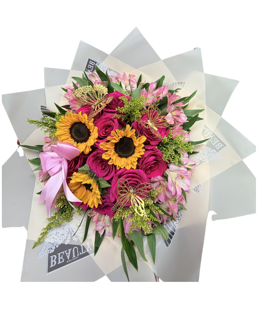 Little Miss Sunshine - Bright, happy, and oh-so-pretty  A playful mix of hot pink roses and golden sunflowers wrapped and tied with a sweet ribbon. It’s cheerful, feminine, and full of charm.  Made for birthdays, romantic surprises, or any day she deserves to feel extra special.  Blooms and decorative details may vary. NO VASE included
