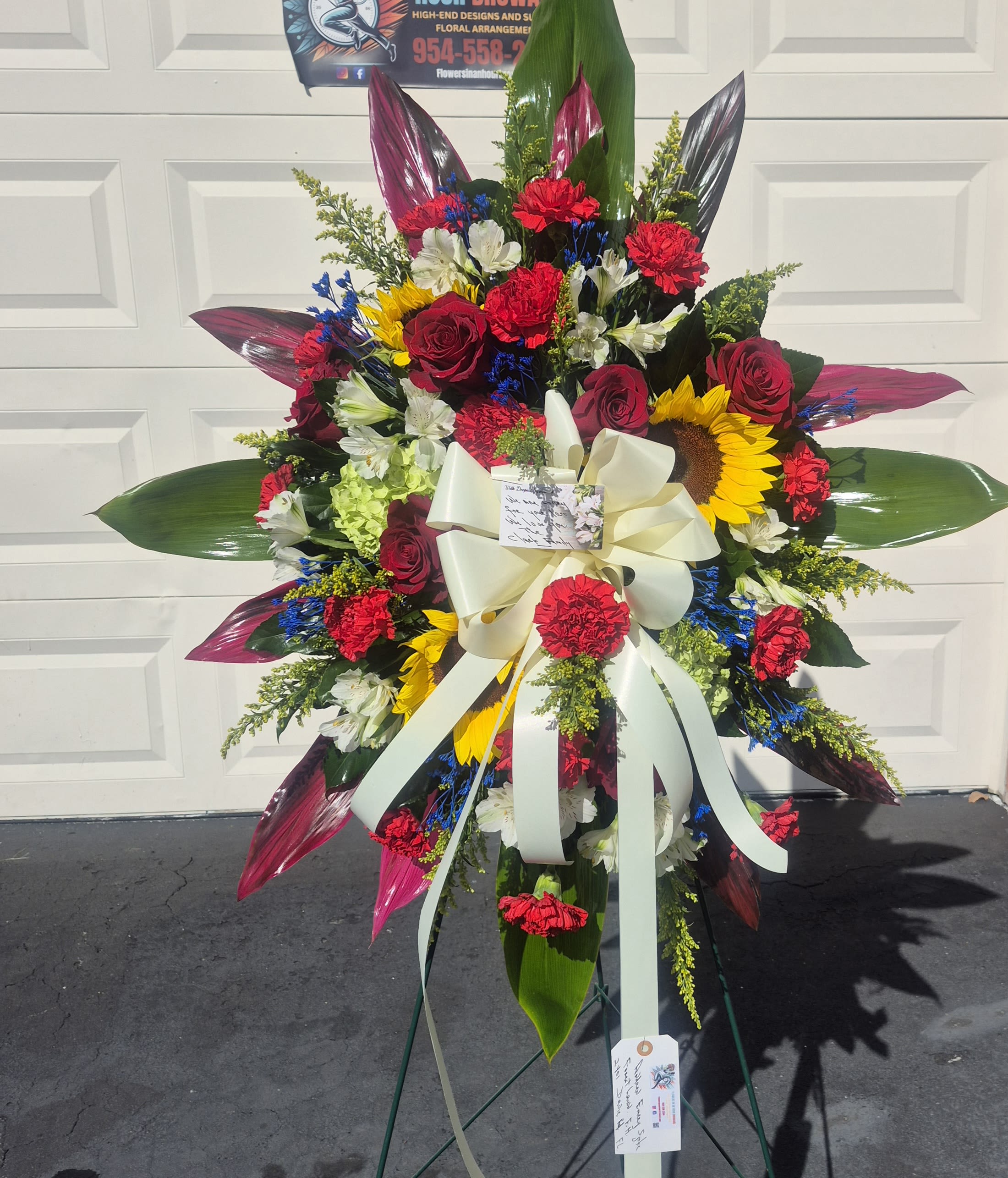 IN MEMORY STANDING SPRAY - 6 FT TALL COLORFUL STANDING SYMPATHY SPRAY ON AN EASLE