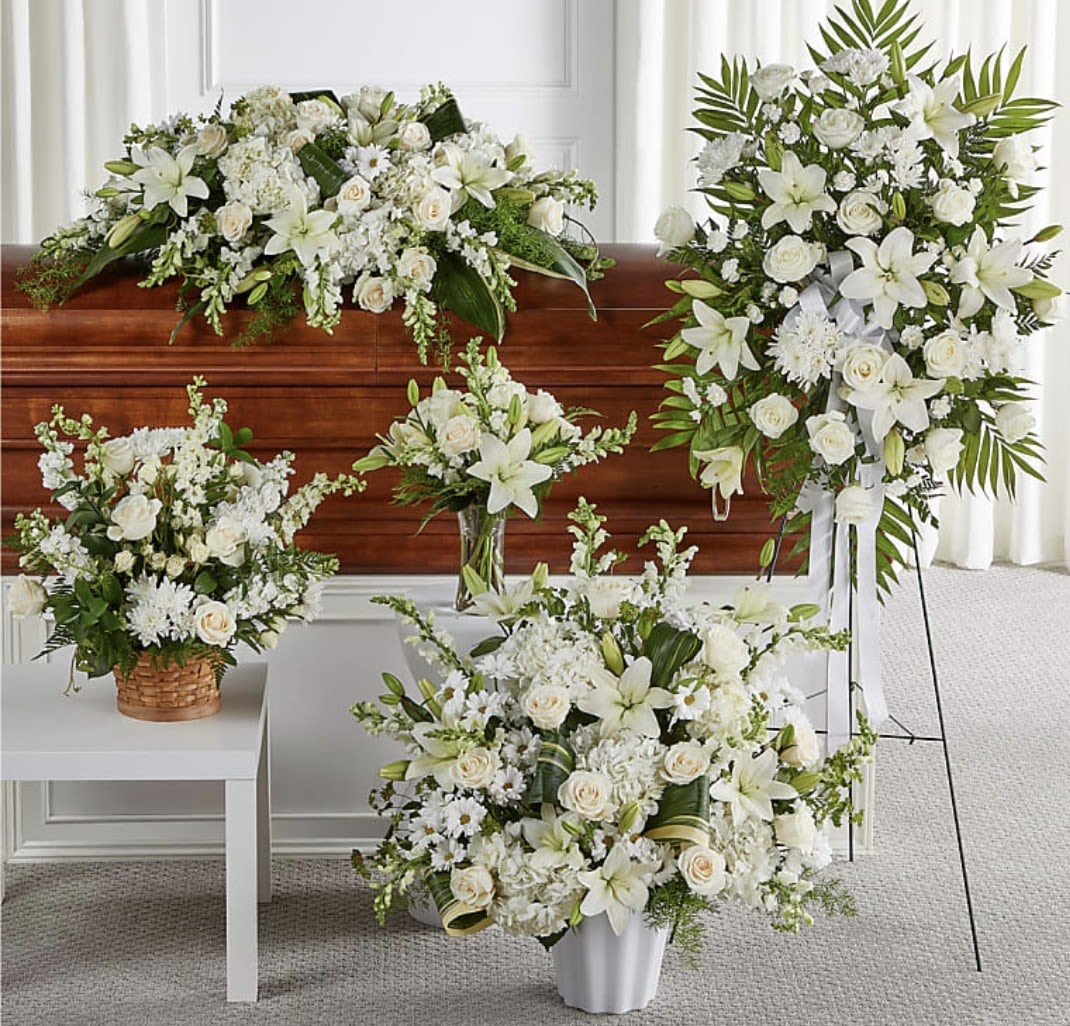 GRACE AND COMFORT COLLECTION - HONOR A CHERISHED LIFE WITH OUR ETERNAL GRACE COLLECTION. THIS PACKAGE CAN BE CUSTOMIZED TO YOUR COLORS OF CHOICE OR DESIRE CREATING A BEAUTIFUL AND COMFORTING EXPRESSION OF LOVE AND REMBRANCE. RIBBONS SUCH AS "BELOVED MOM...DAD...ETC" CAN BE ADDED. 