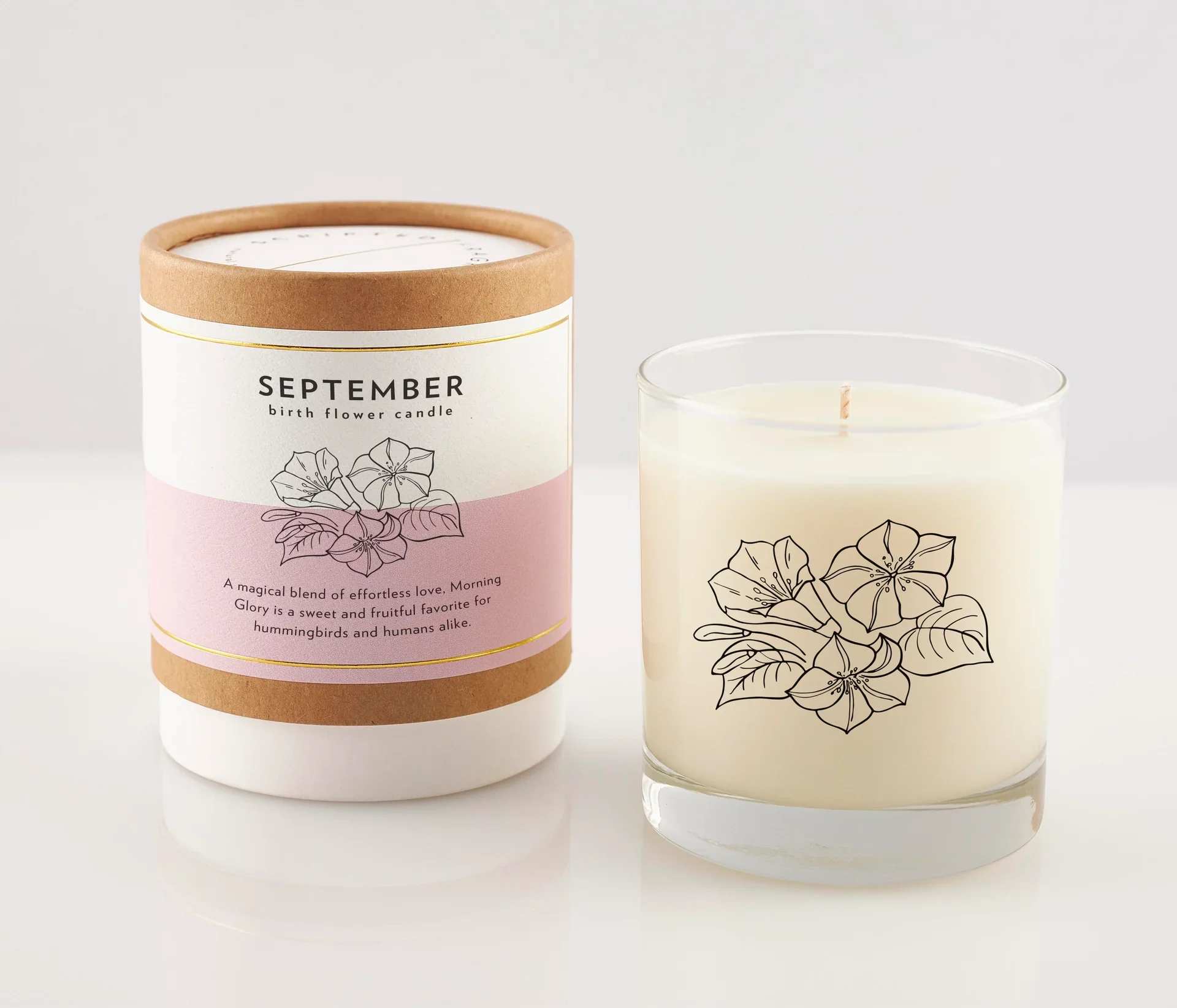 Two September birth flower candles, one in a box and one in a glass jar