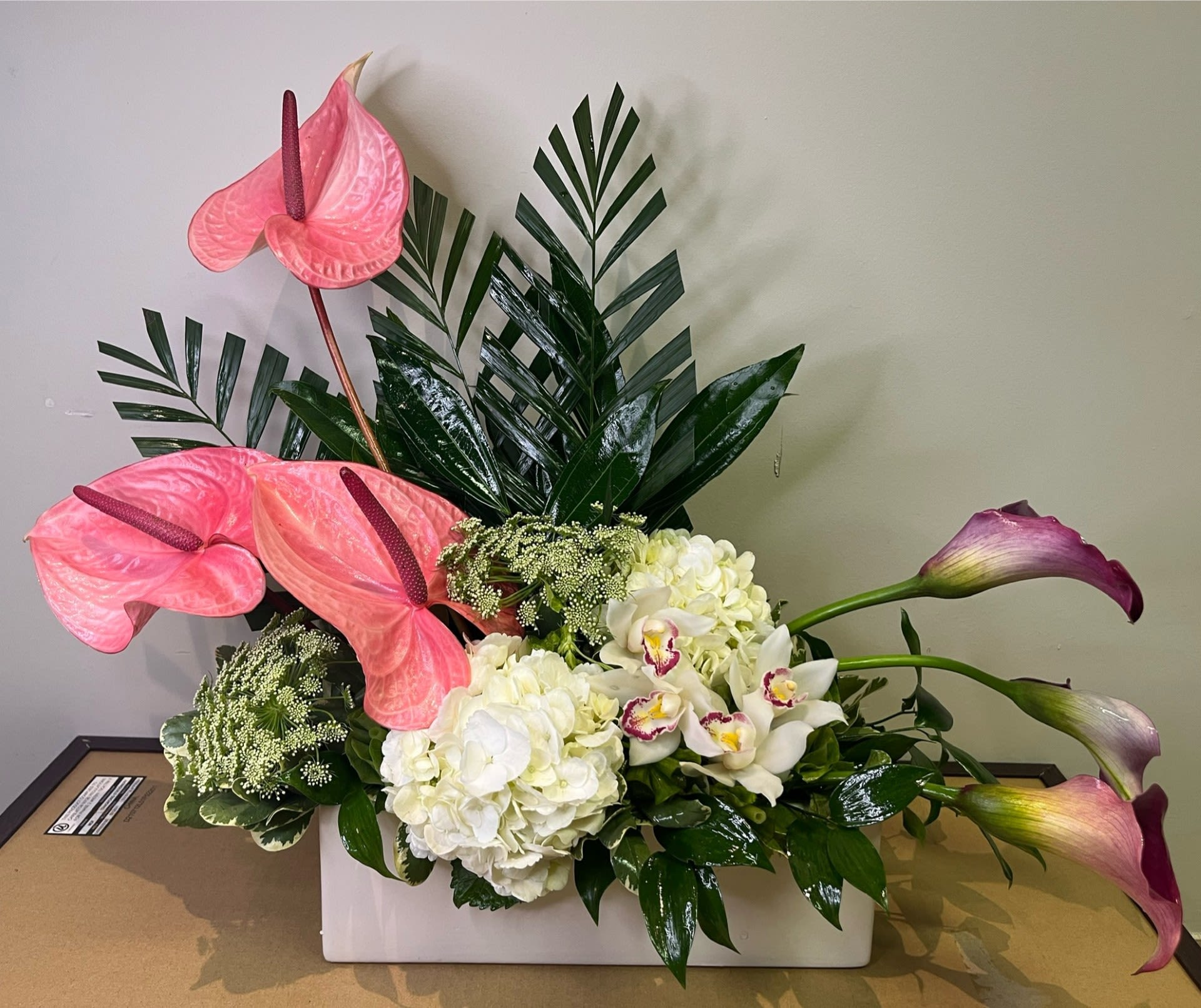 Modern Elegance by Chasing Petals - A unique yet timeless arrangement of beautiful tropical flowers fit for any occasion.   Please note: Alternate colours are available, call us to make any modifications!