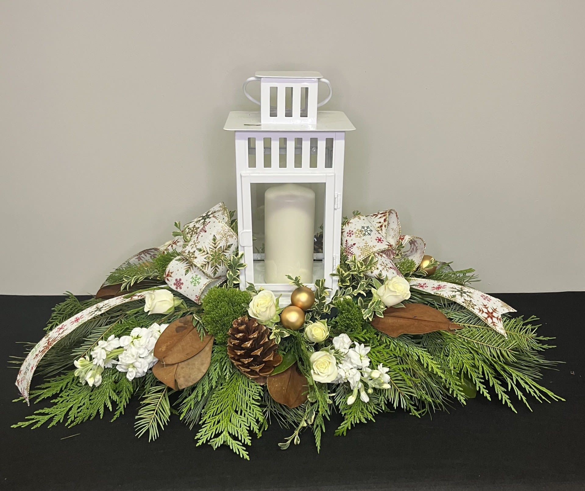 Merry and Bright by Chasing Petals - A festive centerpiece to bring some winter cheer to your holiday table! Black or white lantern is available, please call us to confirm any colour choice requests.