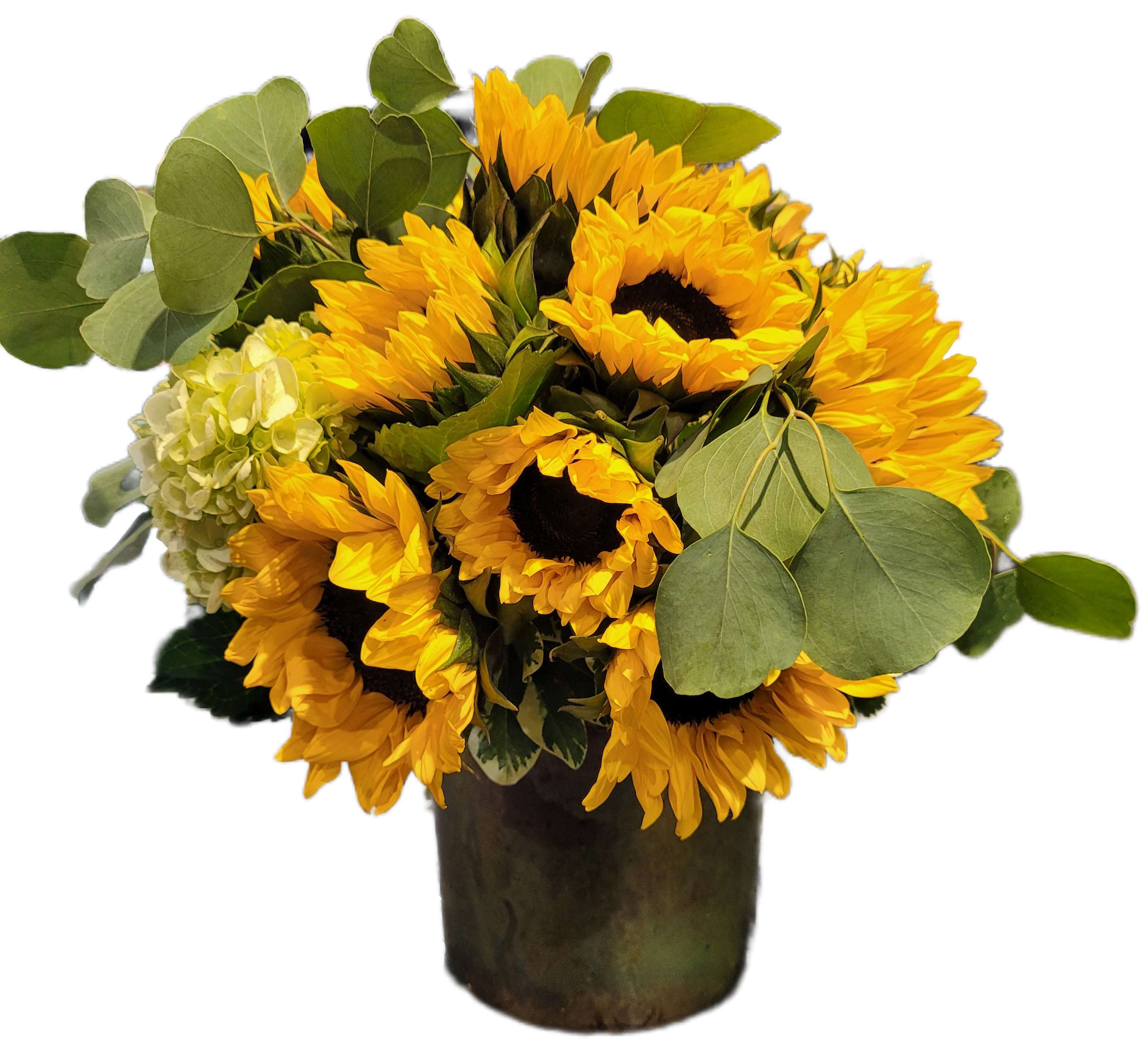 Sunny Days - Sunflowers arranged with greenery.
