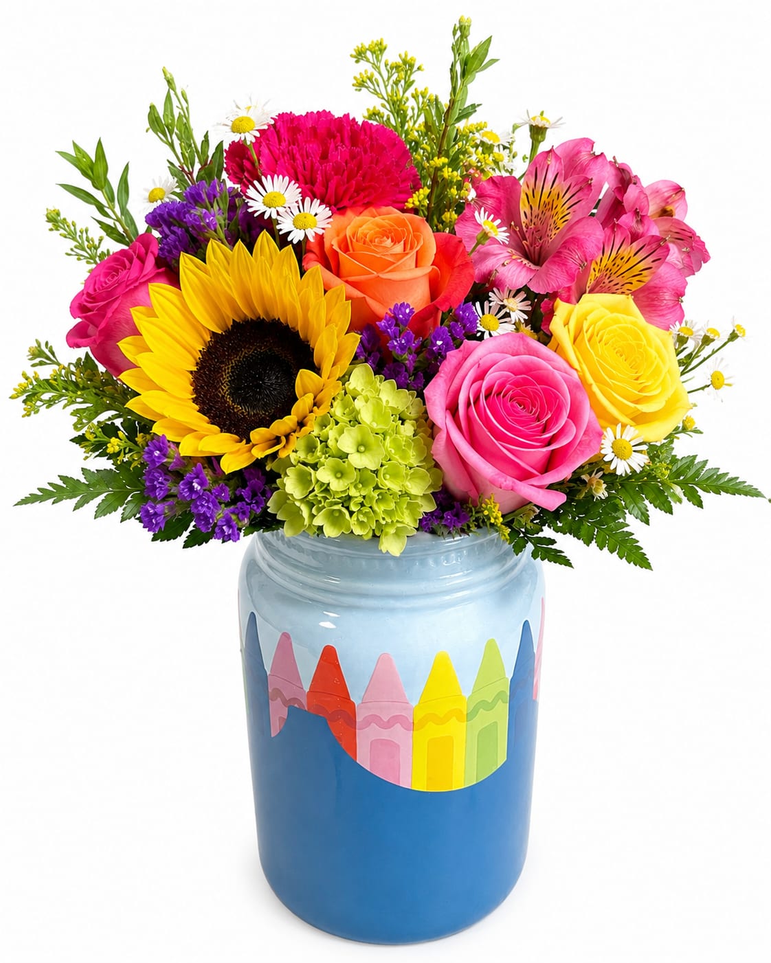 Colorful mixed bouquet in a painted blue jar vase