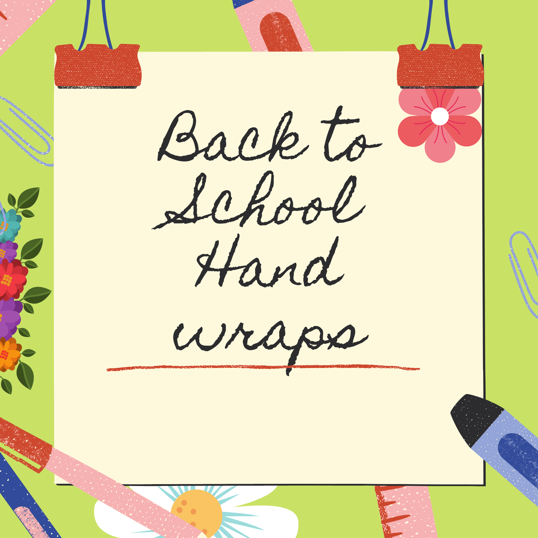 Back to school hand-lettered sign on a paper note with colorful school supplies