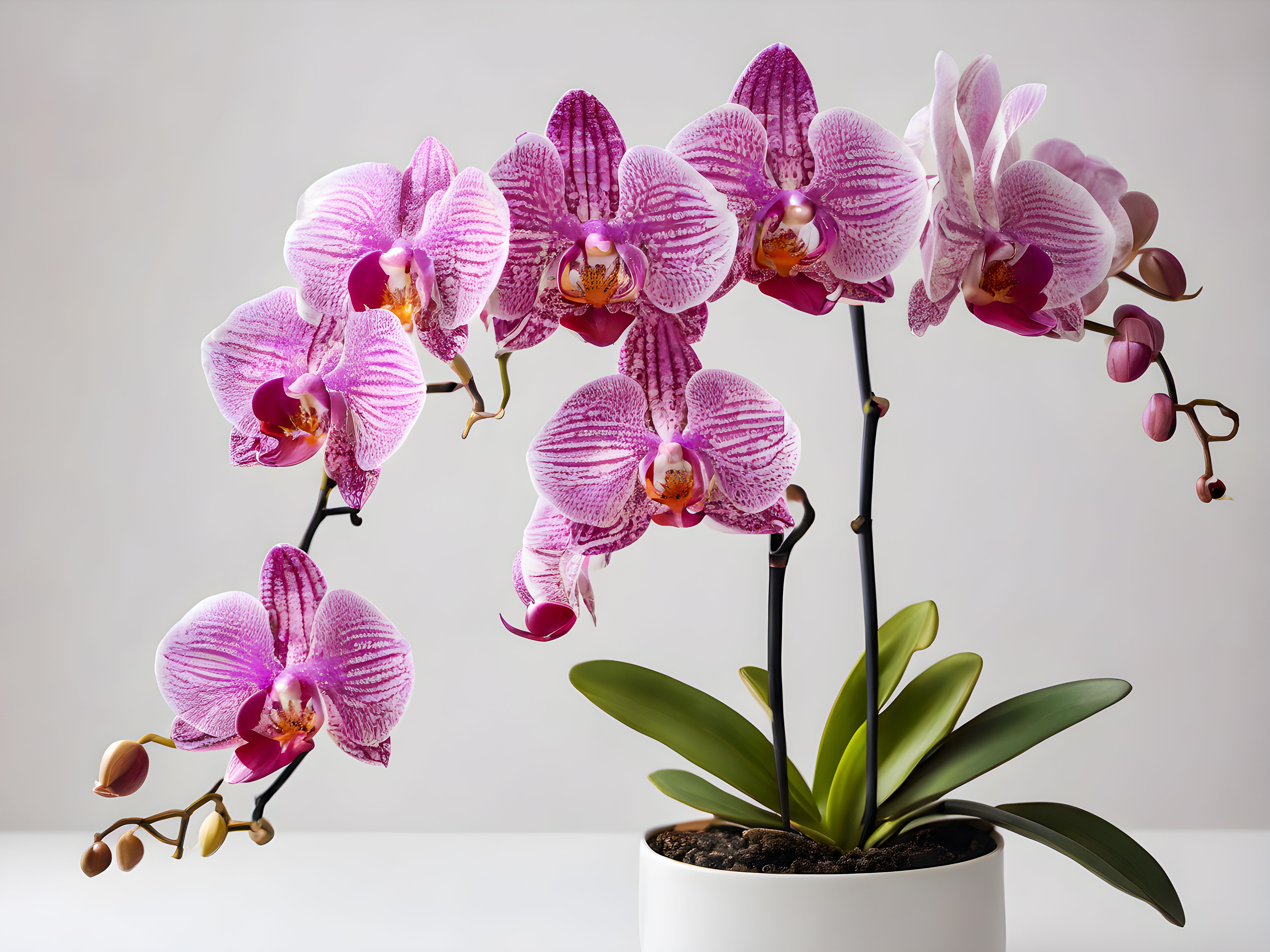 Pink orchid plant in a white pot with several blooming stems