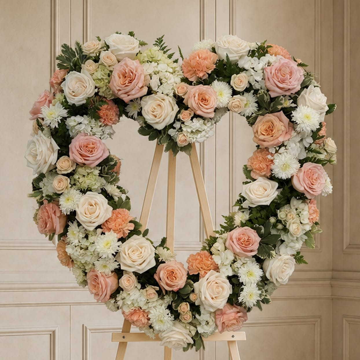 Heart-shaped floral wreath of pink, peach, and white blooms on an easel