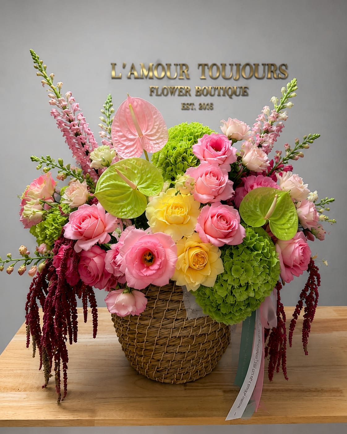 Pink and yellow floral arrangement in a wicker basket with green accents