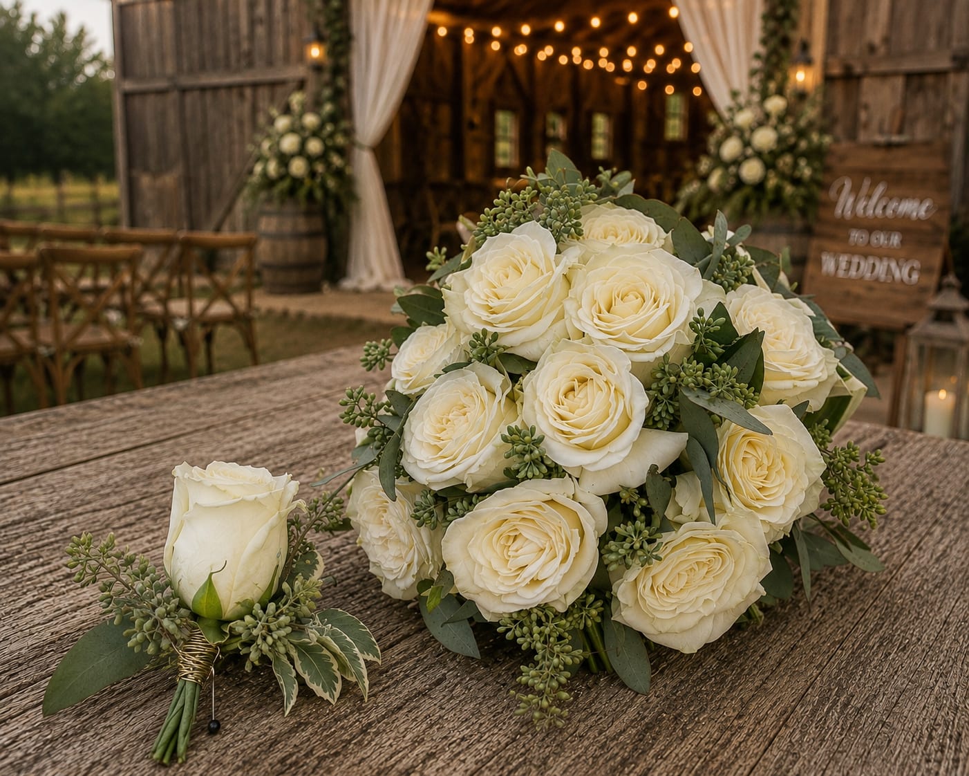 Signature Rose Wedding Collections - Celebrate your love story with custom wedding flowers designed for everything from simple elopements to intimate ceremonies, renewing vows, and beautiful micro-weddings. Aspen Tower Florist creates elegant rose wedding packages featuring fresh bridal bouquets, bridesmaid bouquets, boutonnieres, corsages, and flower girl petals with a timeless romantic style perfect for barn weddings, country weddings, chapel ceremonies, courthouse weddings, and small family celebrations throughout Greensburg, Indiana and surrounding areas.  Our wedding flower packages are designed to make planning easier while still giving you a personalized look for your special day. Each collection includes coordinated floral pieces for the wedding party and family members with fresh roses and complementary greenery styled in a soft, classic wedding design.  Choose up to two rose colors and up to two ribbon colors in the special instructions section at checkout. We will coordinate your flowers to match your wedding colors and overall style. Flower varieties and exact shades may vary slightly based on seasonal and market availability, but your order will always maintain the same overall color palette, value, and elegant appearance.  Perfect for elopements, rustic barn weddings, intimate ceremonies, vow renewals, and small wedding packages near Greensburg, Batesville, Shelbyville, Rushville, North Vernon, and surrounding Indiana communities.