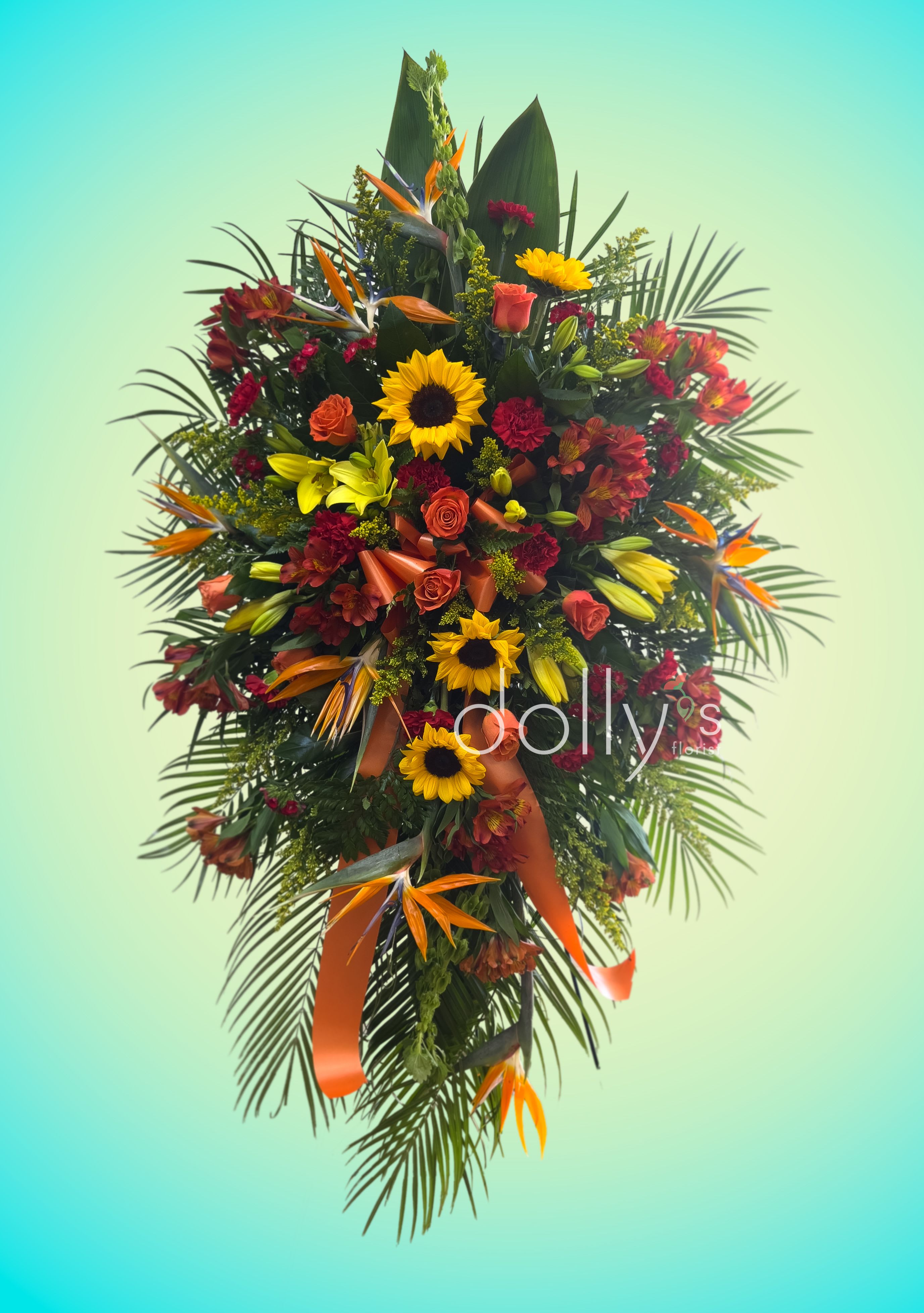 Tall tropical floral spray with sunflowers, roses, and orange bird-of-paradise