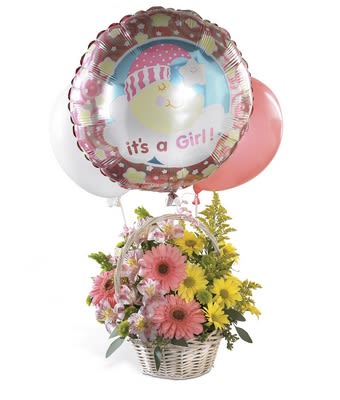 Basket of pink and yellow flowers with a "it's a Girl!" balloon