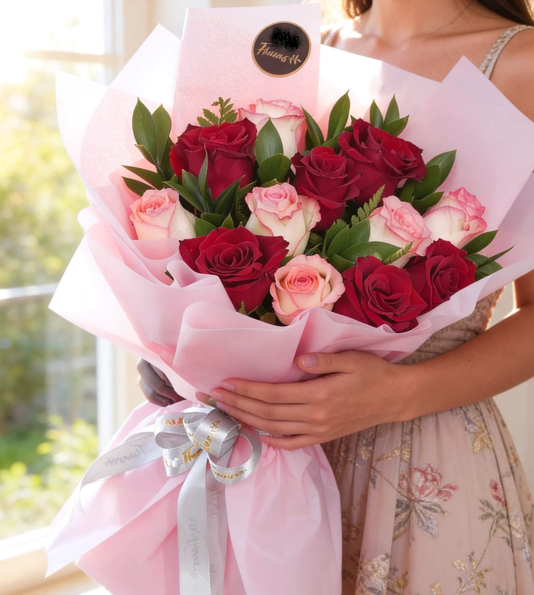Sweet Affection  Wrapped Bouquet  - A charming and romantic bouquet featuring 12 beautiful red and pink roses gracefully accented with fresh green fillers and wrapped in elegant pink wrapping paper. This lovely combination of vibrant red and soft pink blooms creates a perfect balance of passion and admiration — making it an ideal gift for celebrations, romantic surprises, or heartfelt moments.Red roses symbolize deep love and passion, while pink roses represent admiration and sweet affection. Together, they beautifully express romance, appreciation, and heartfelt emotions — making this bouquet a meaningful floral gesture for someone truly special.