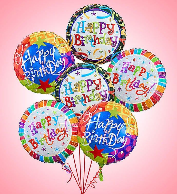 Cluster of colorful birthday balloons with "Happy Birthday" text