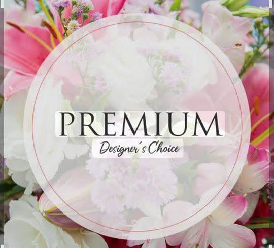 Pink and white flowers behind a circular "Premium Designer's Choice" label