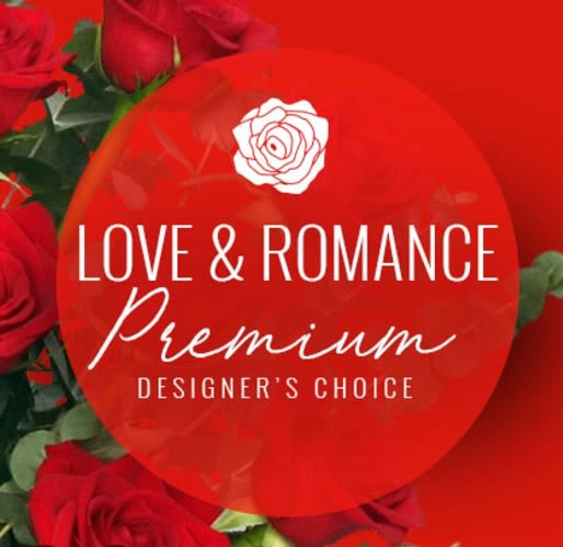 Red roses around a red circular label reading Love &amp; Romance Premium Designer's Choice