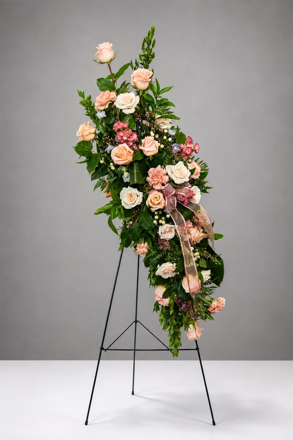 Tall floral spray with peach and white roses on a black stand