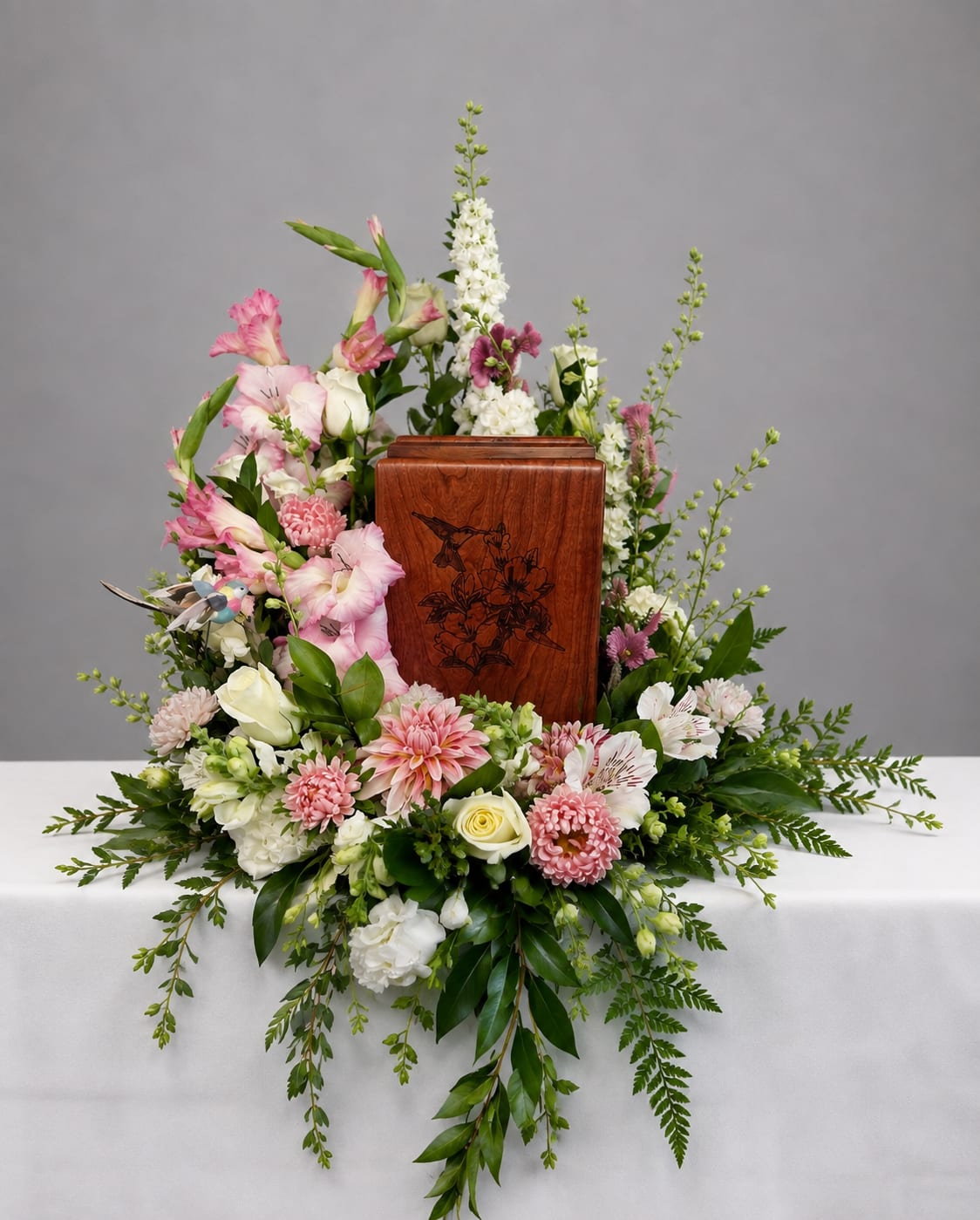 Floral funeral arrangement around a wooden urn with pink and white flowers