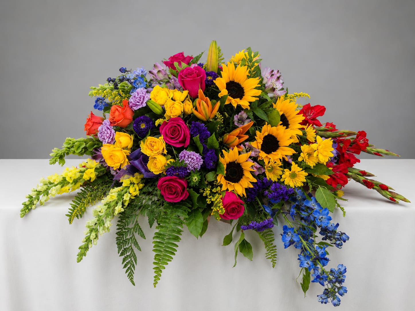Colorful mixed flower arrangement with sunflowers, roses, and lilies on a table