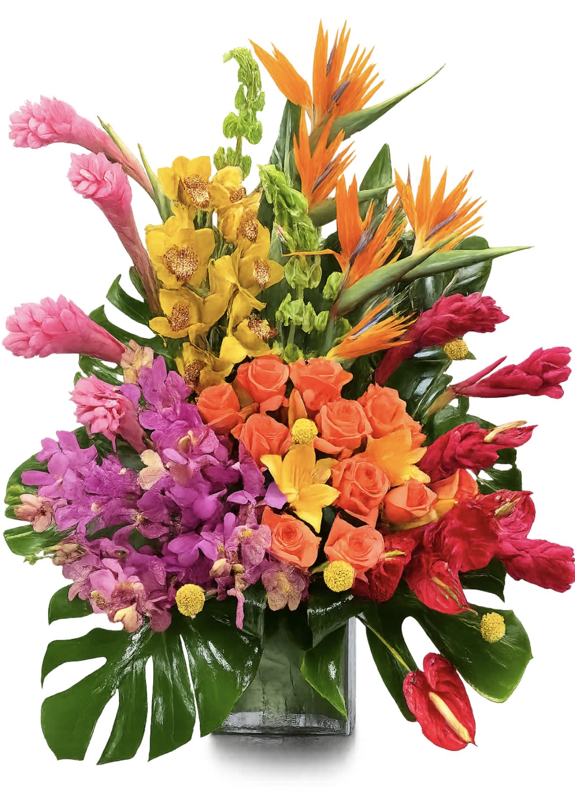 Tropical Extravagance  - Bring the beauty of the tropics indoors with this vibrant floral arrangement featuring striking birds of paradise, radiant orange roses, colorful orchids, ginger, and lush tropical foliage. Designed in a modern glass vase, this bold and elegant display is perfect for birthdays, celebrations, thank-you gifts, or adding a touch of paradise to any space.