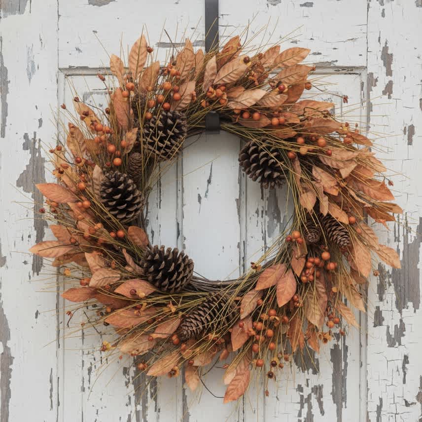 Autumn wreath with orange leaves, berries, and pinecones on a weathered white door