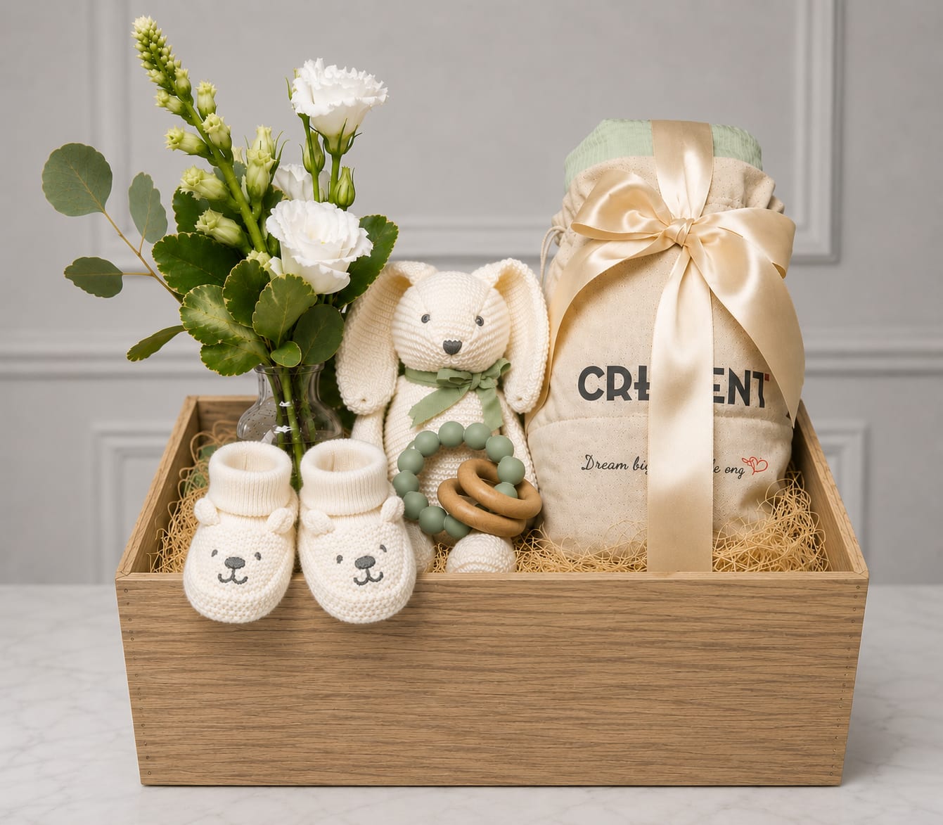 Gift basket with white flowers, a plush bunny, baby booties, and a wrapped item