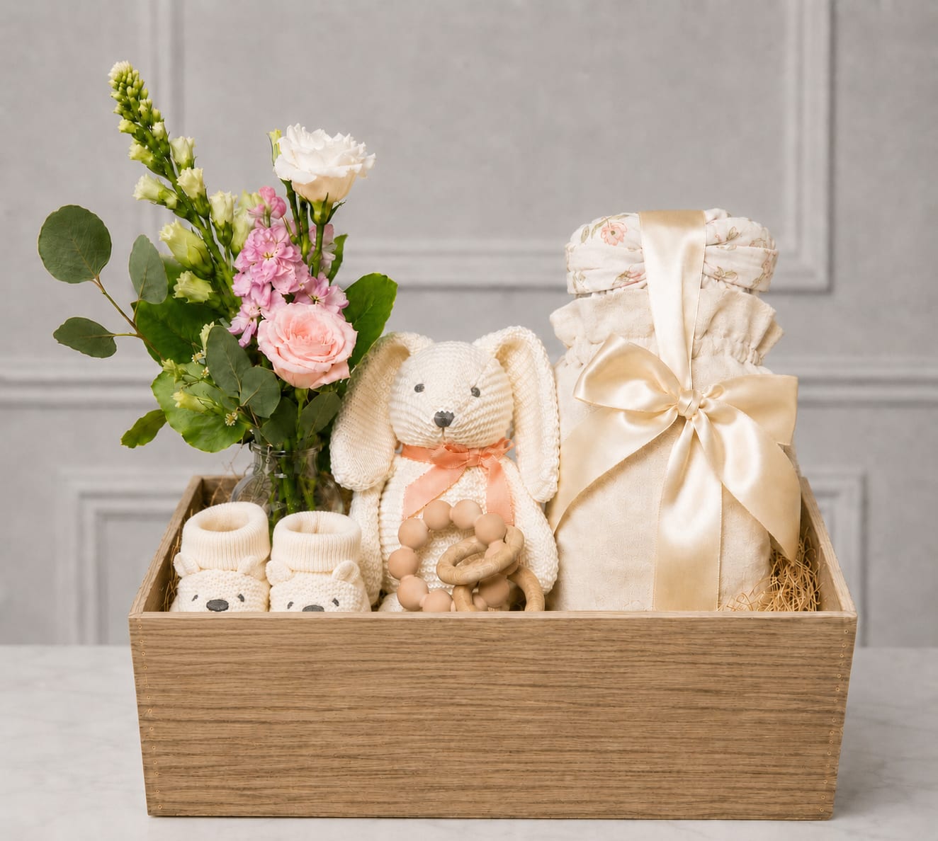 Gift basket with a small flower arrangement, baby clothes, and a plush bunny