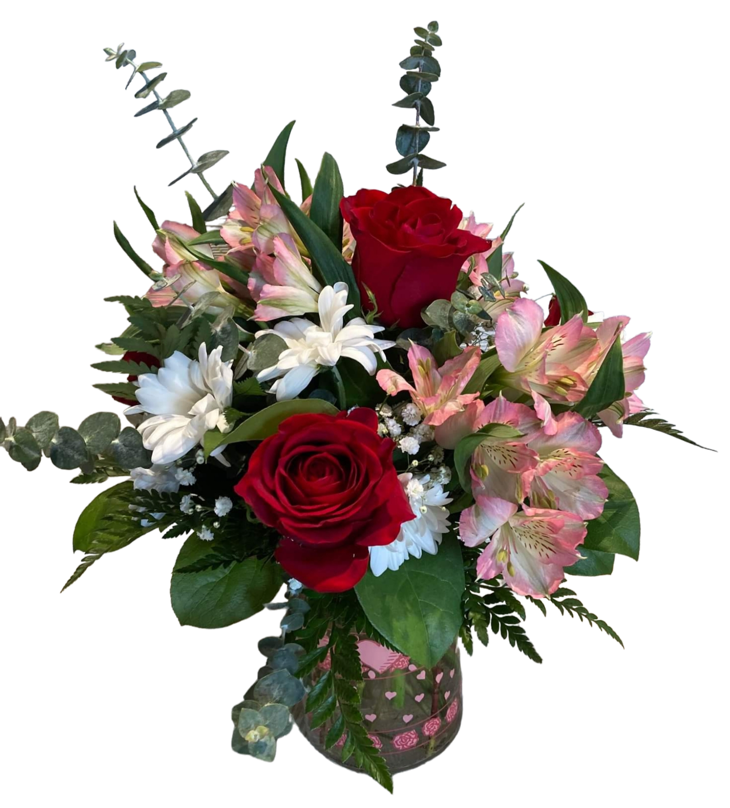 Bouquet of red roses, pink alstroemeria, and white daisies in a glass vase