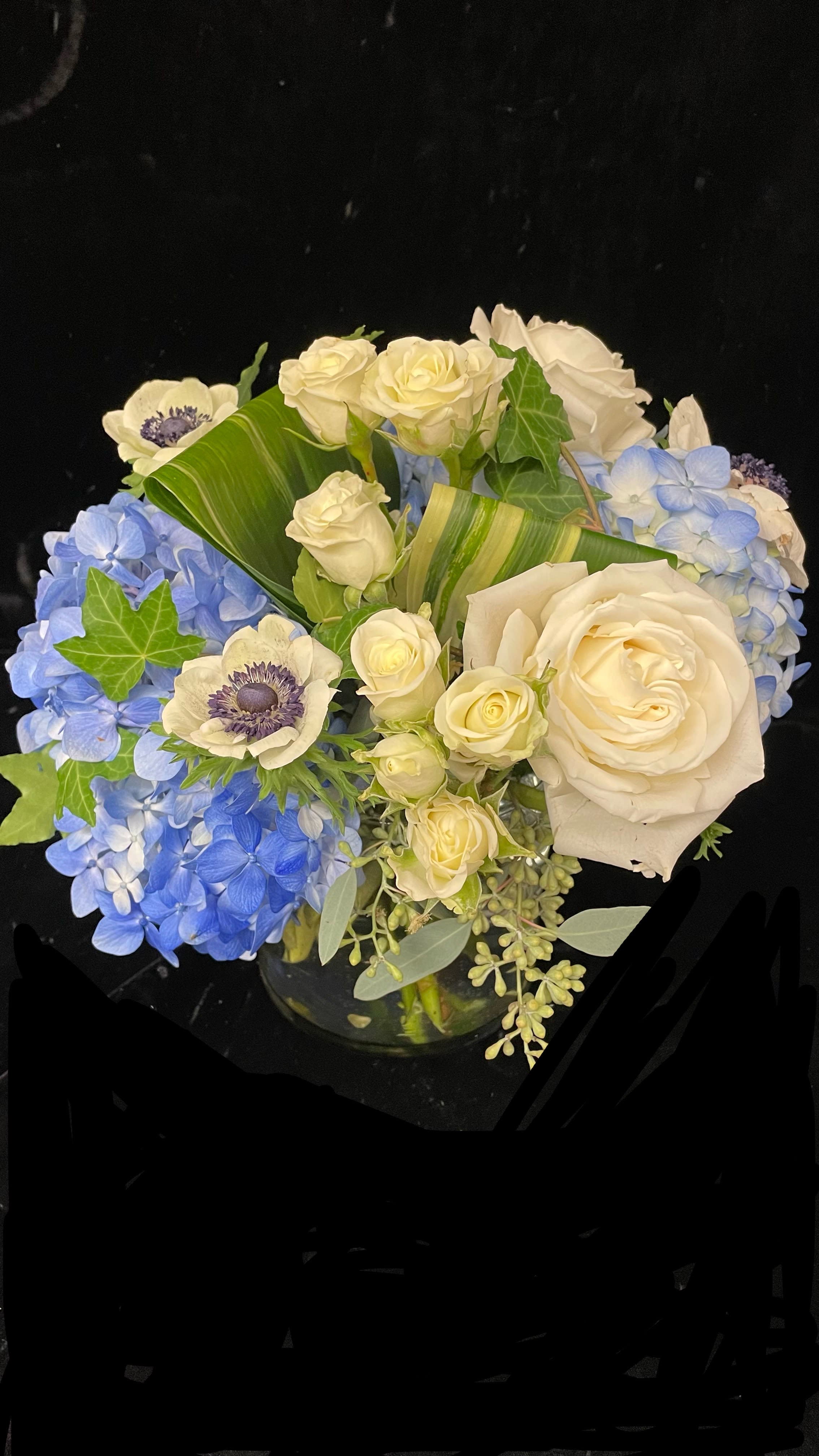 Low glass vase of white roses and blue hydrangeas with white anemones against a black background.