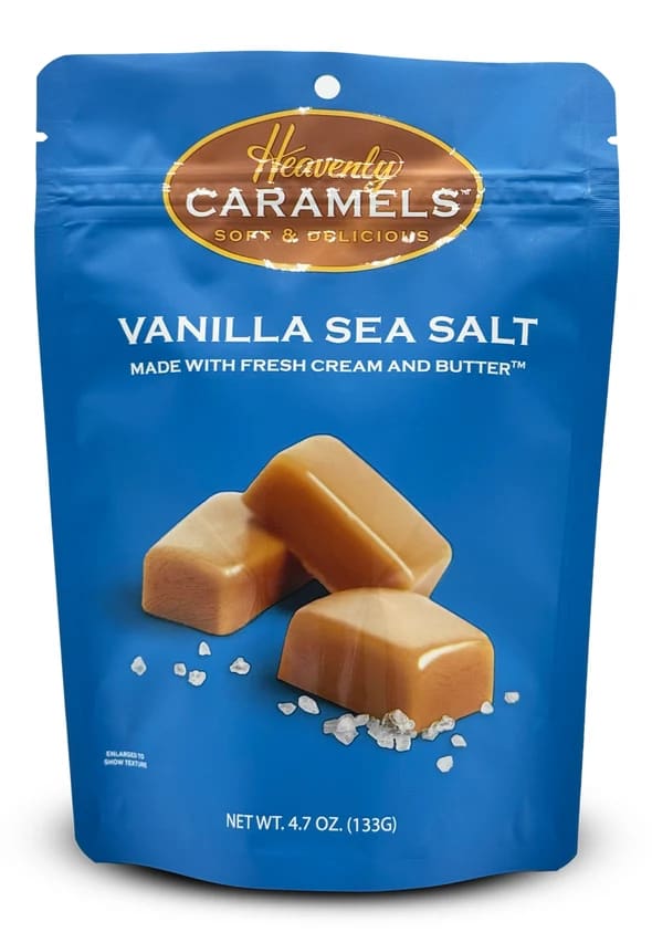 Blue bag of vanilla sea salt caramels
